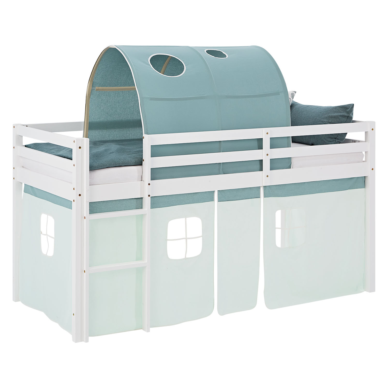 Loft Bed for Kids 90x200 cm White with Curtain in Mint Green | Tunnel | without Slatted Frame