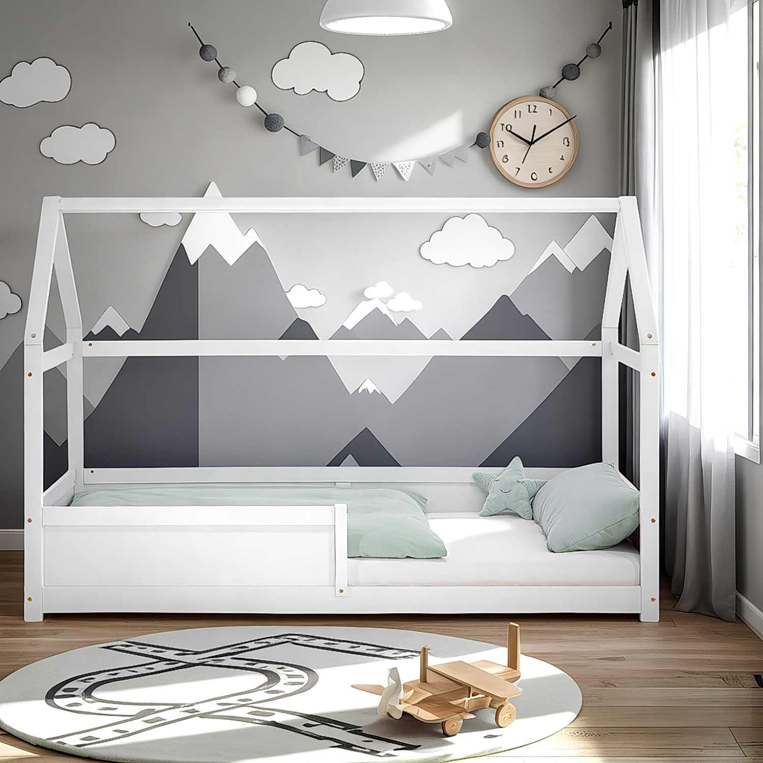 Children's Bed 90x200 cm House Bed with Barriers Childrens Single Bed Montessori Bed Treehouse Bed Mattress Slats