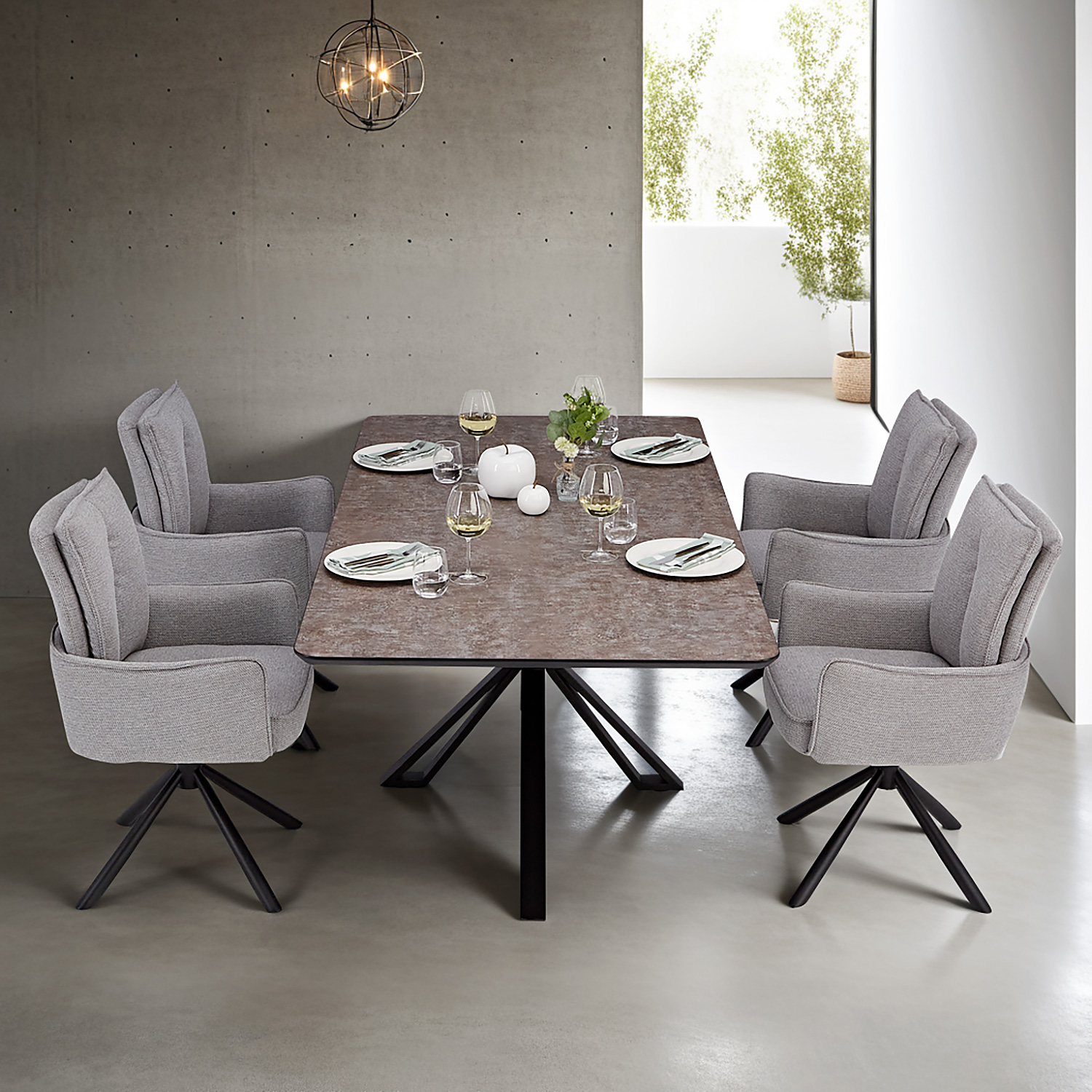 Esstisch mit 4 oder 6 Stühlen Set Essgruppe Polsterstühle Drehbar Grau Anthrazit Esszimmertisch 200x100 cm Metall