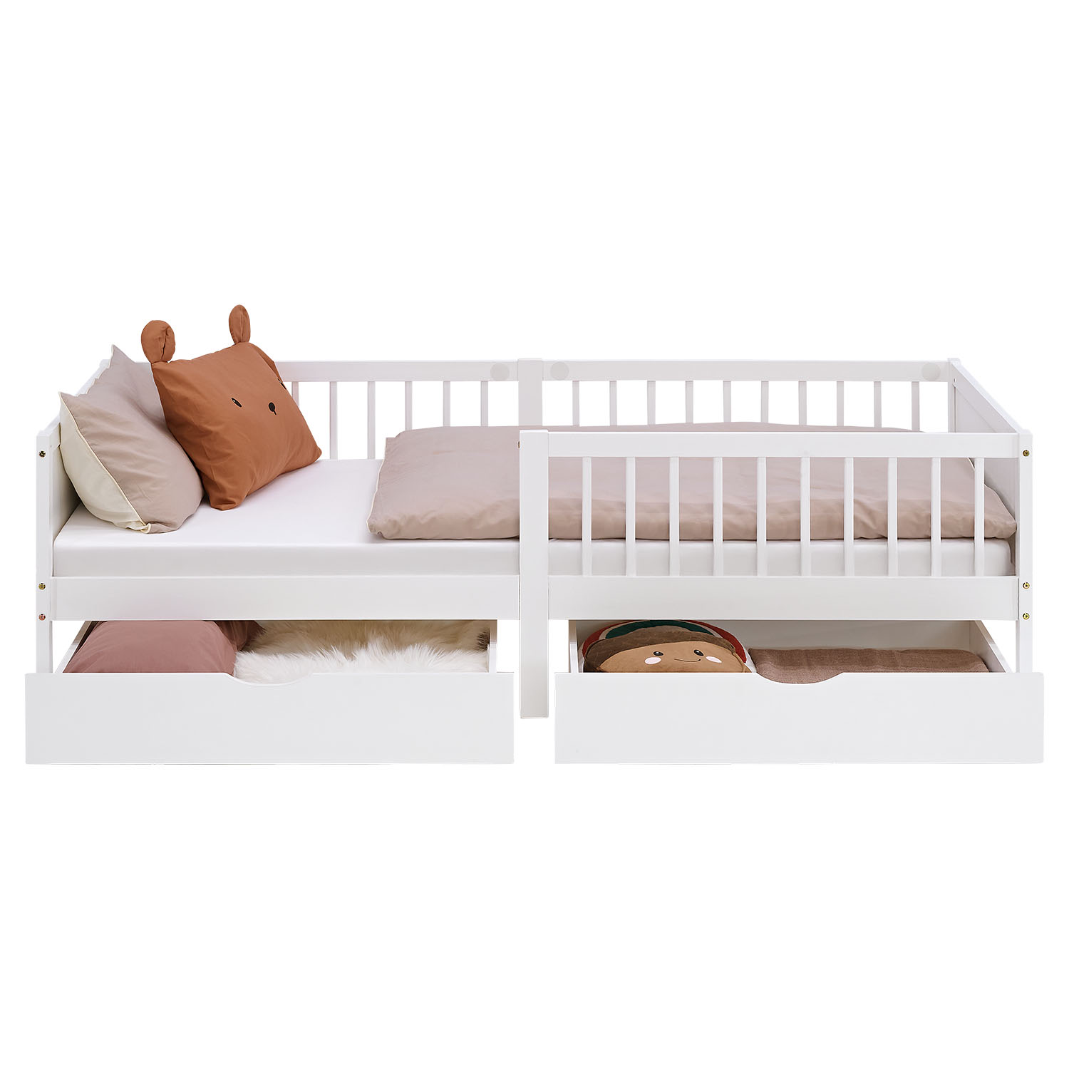 Children's Bed 90x200 cm White | Wooden bed with mattress | Single Bed | 2 drawers | Fall Protection