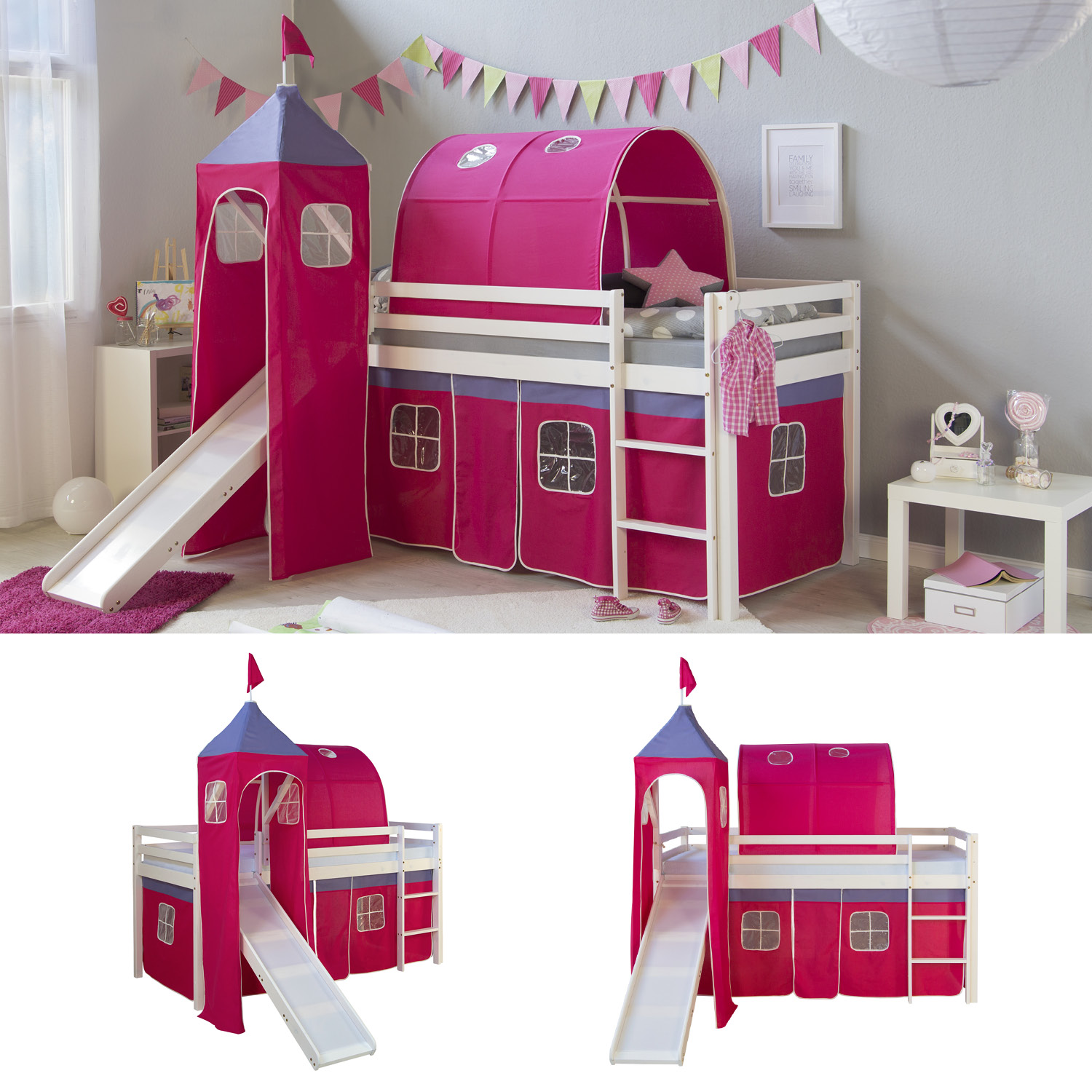 Loft Bed Kids 90x200 cm White with Curtain in Pink | Tunnel | Tower | Slide | without Slatted Frame Loft Bed Kids 90x200 cm White with Curtain in Pink | Tunnel | Tower | Slide | without Slatted Frame