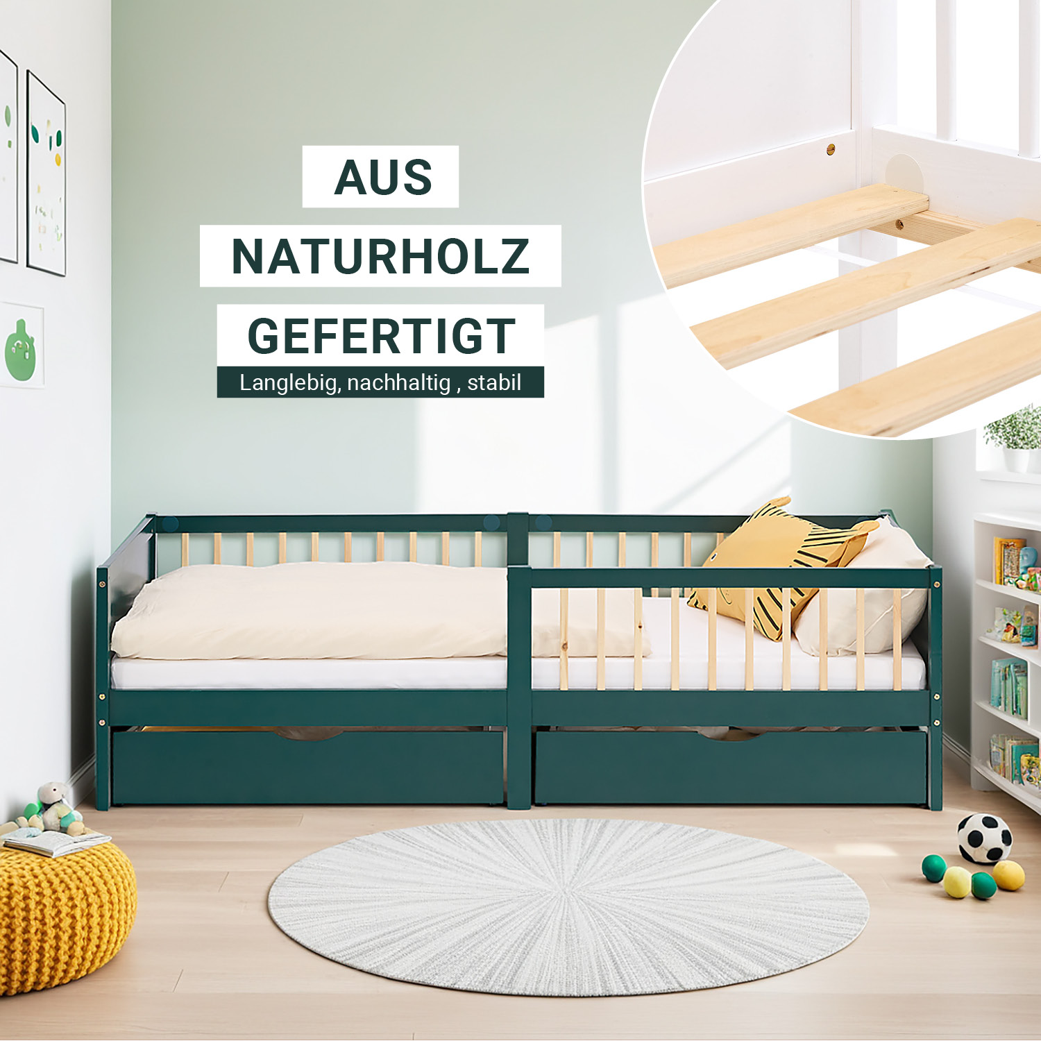 Children's Bed 90x200 cm Green | Wooden bed with mattress | Single Bed | 2 drawers | Fall Protection