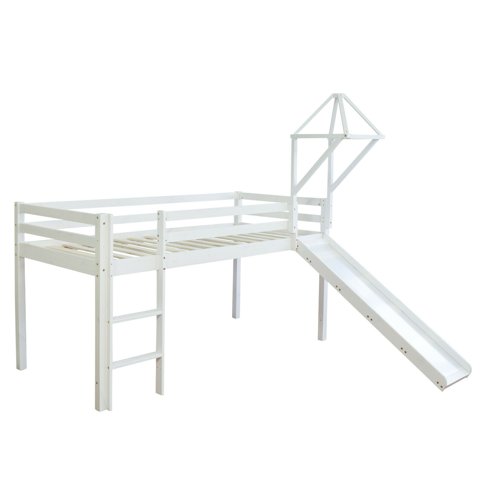 Loft Bed Kids 90x200 cm White with Curtain in Black | Tower | Slide | without Slatted Frame