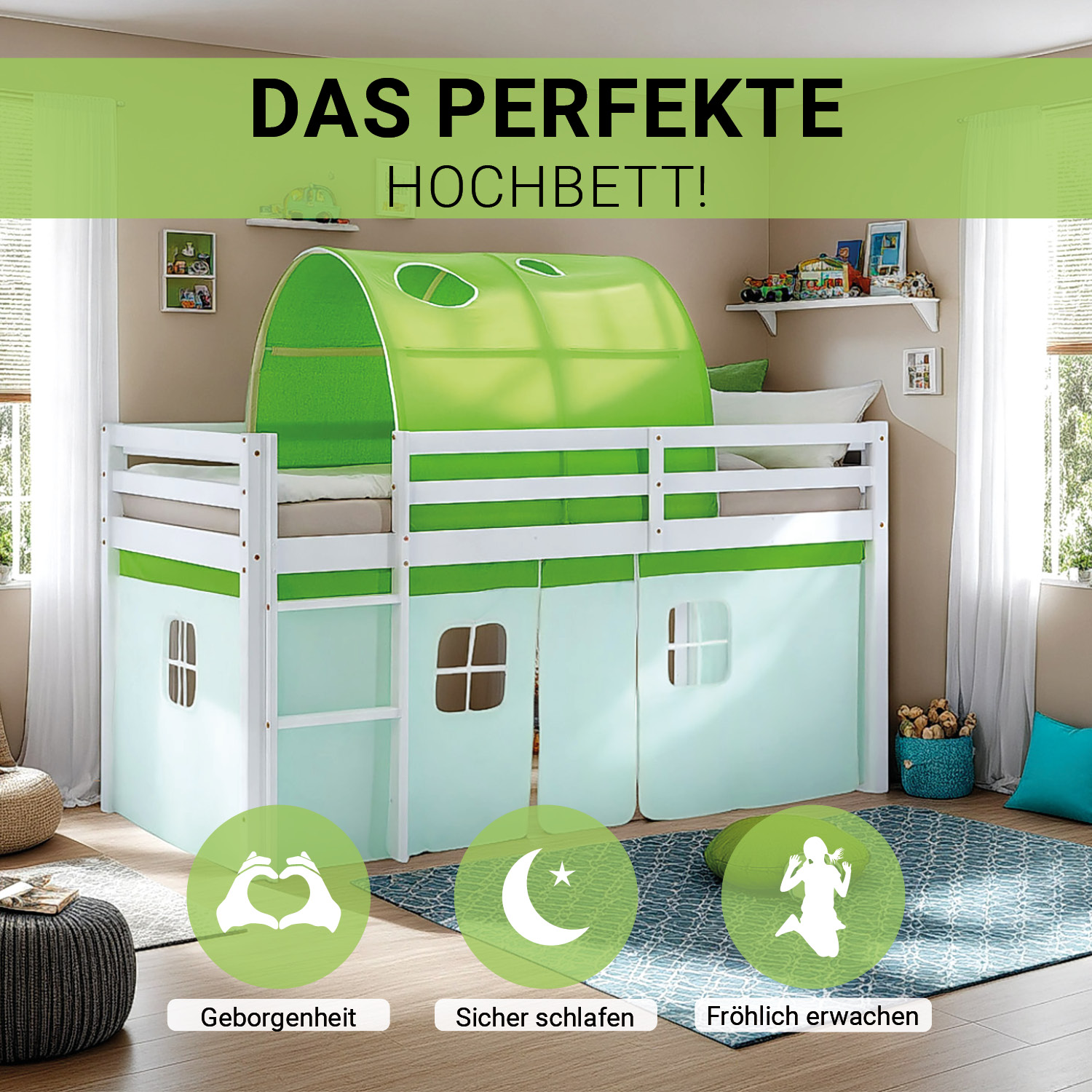 Loft Bed for Kids 90x200 cm White with Curtain in Green | Tunnel | with Slatted Frame and Mattress