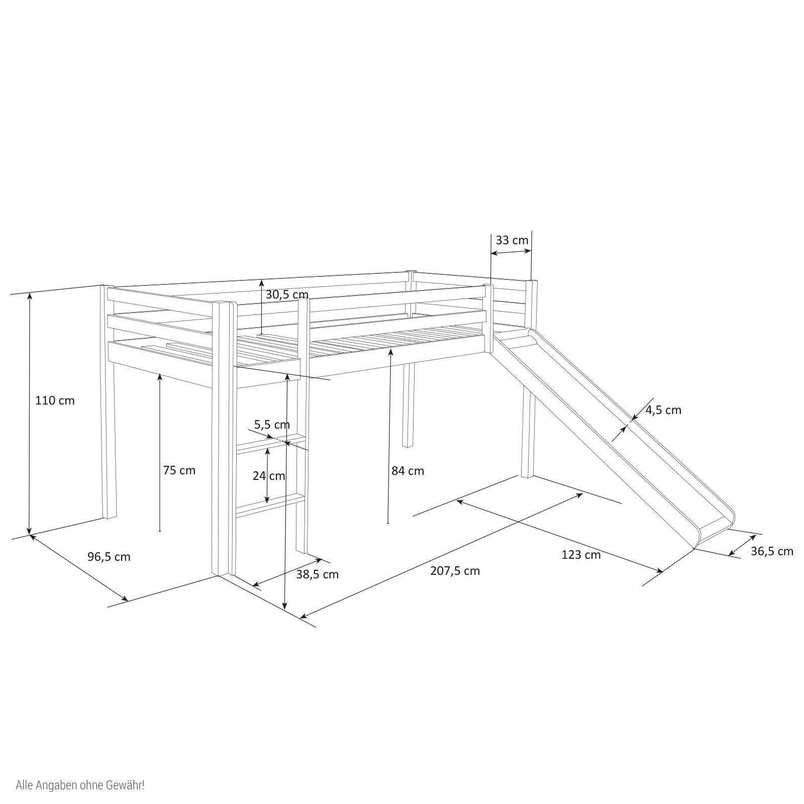 Loft Bed Kids 90x200 cm Gray | Slide | without Slatted Frame Loft Bed Kids 90x200 cm White with Curtain in Black | Slide | without Slatted Frame