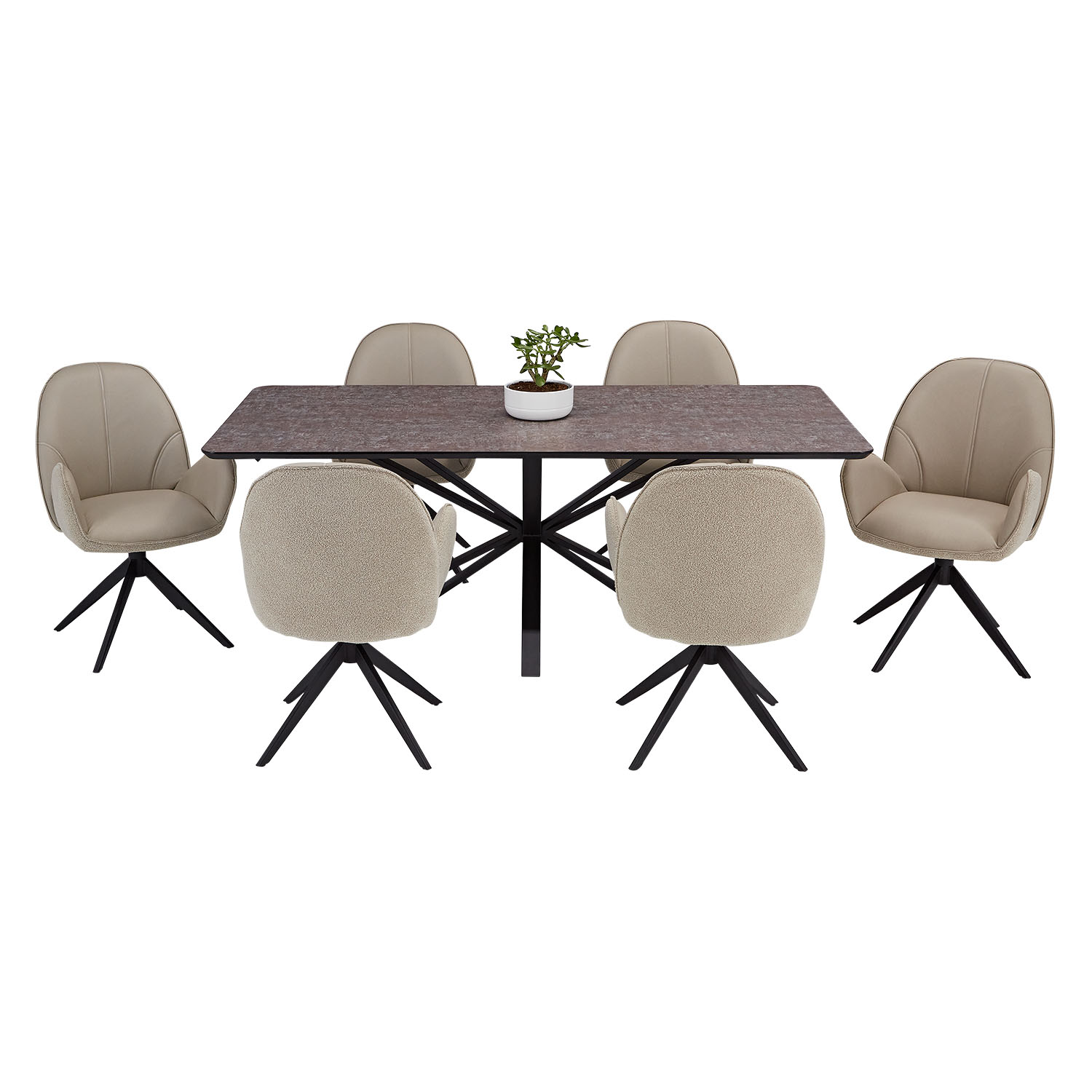 Modern Dining Table 200x100 cm Brown Black with 6 Bouclé Leather Chairs Beige Dining Room Table 8 Seater Industrial Look