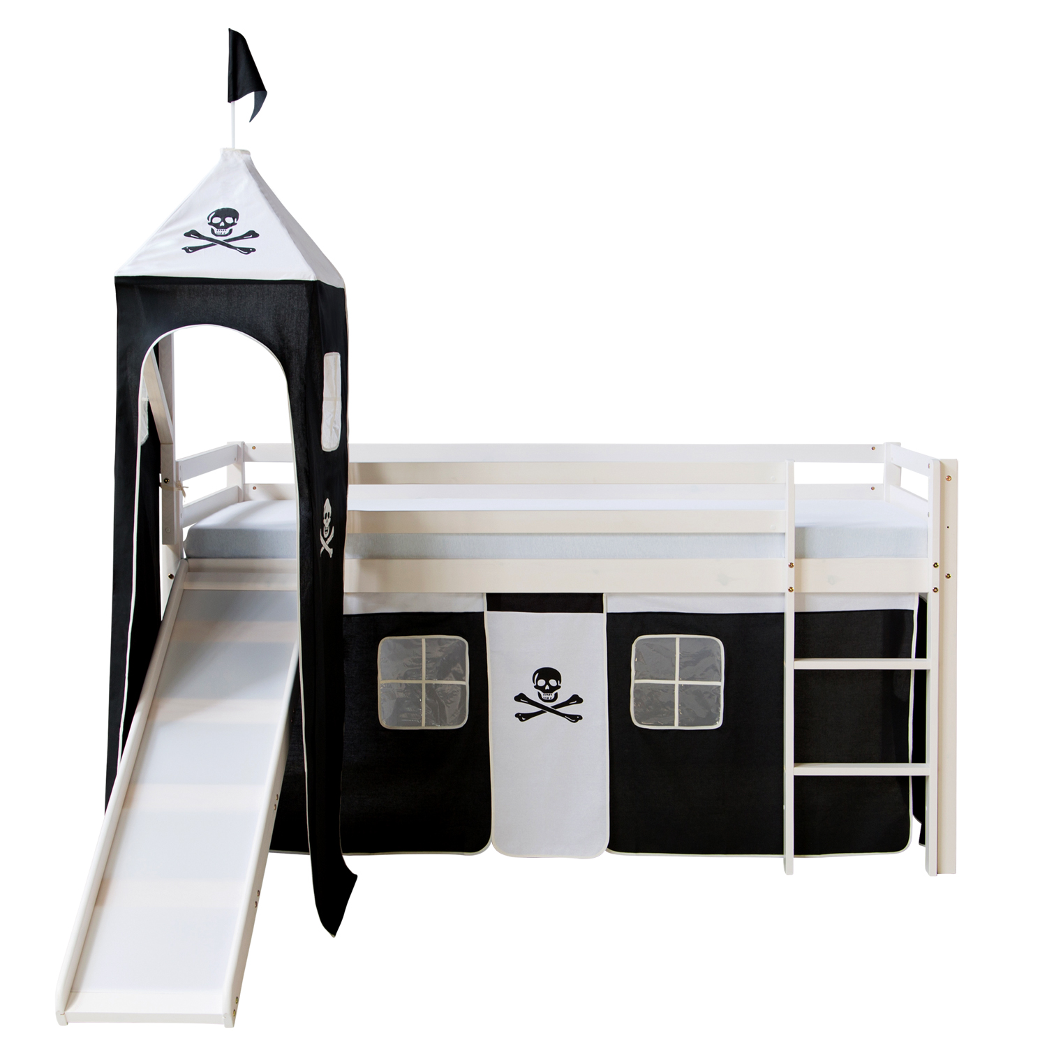 Loftbed 90x200 cm with Tower Slide Mattress Bunk bed Childrens bed Solid Pine Wood Slats Curtain Black Pirate