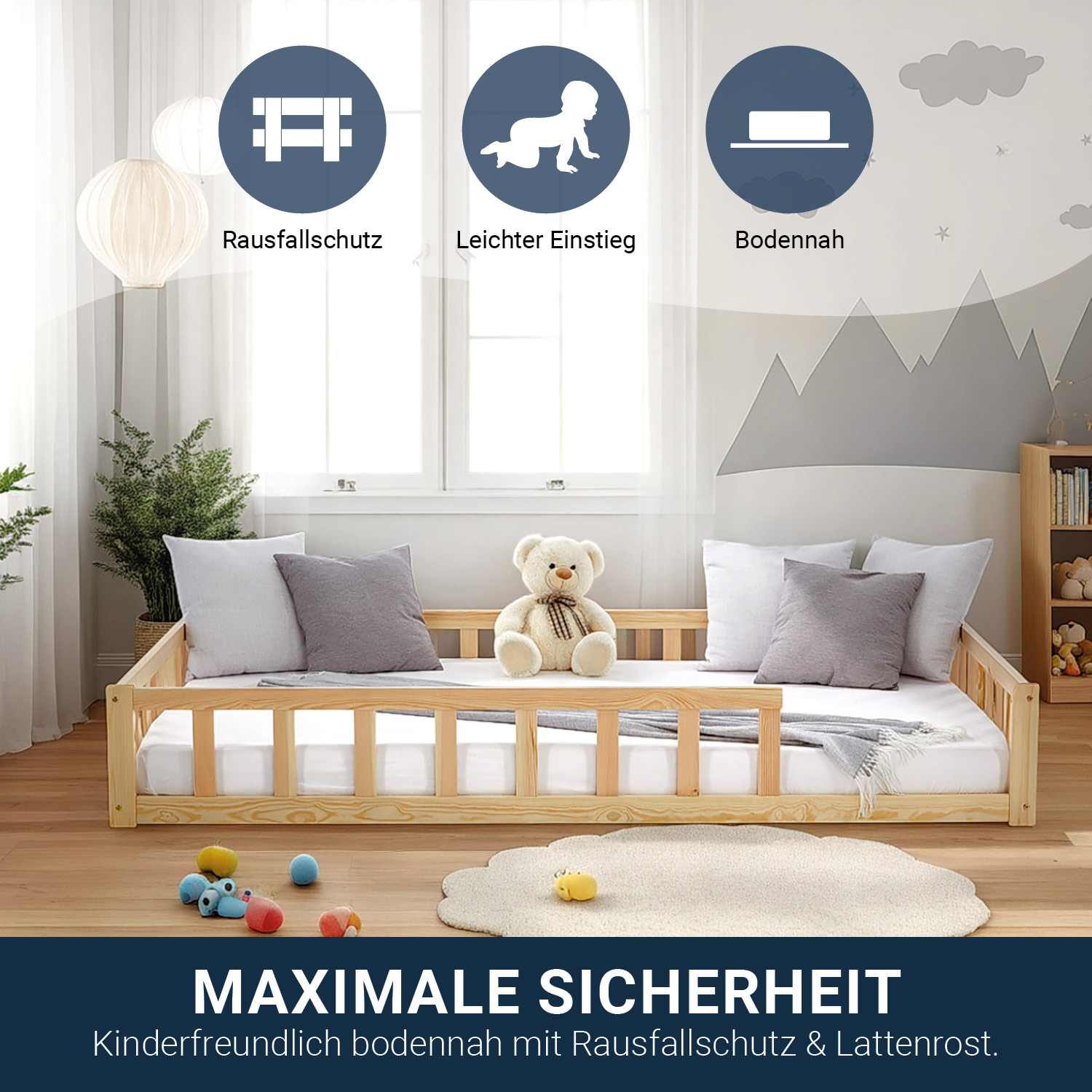 Children's Bed 120x200 Natural | Floor Bed with Mattress & Slatted Frame | with Fall Protection | Montessori