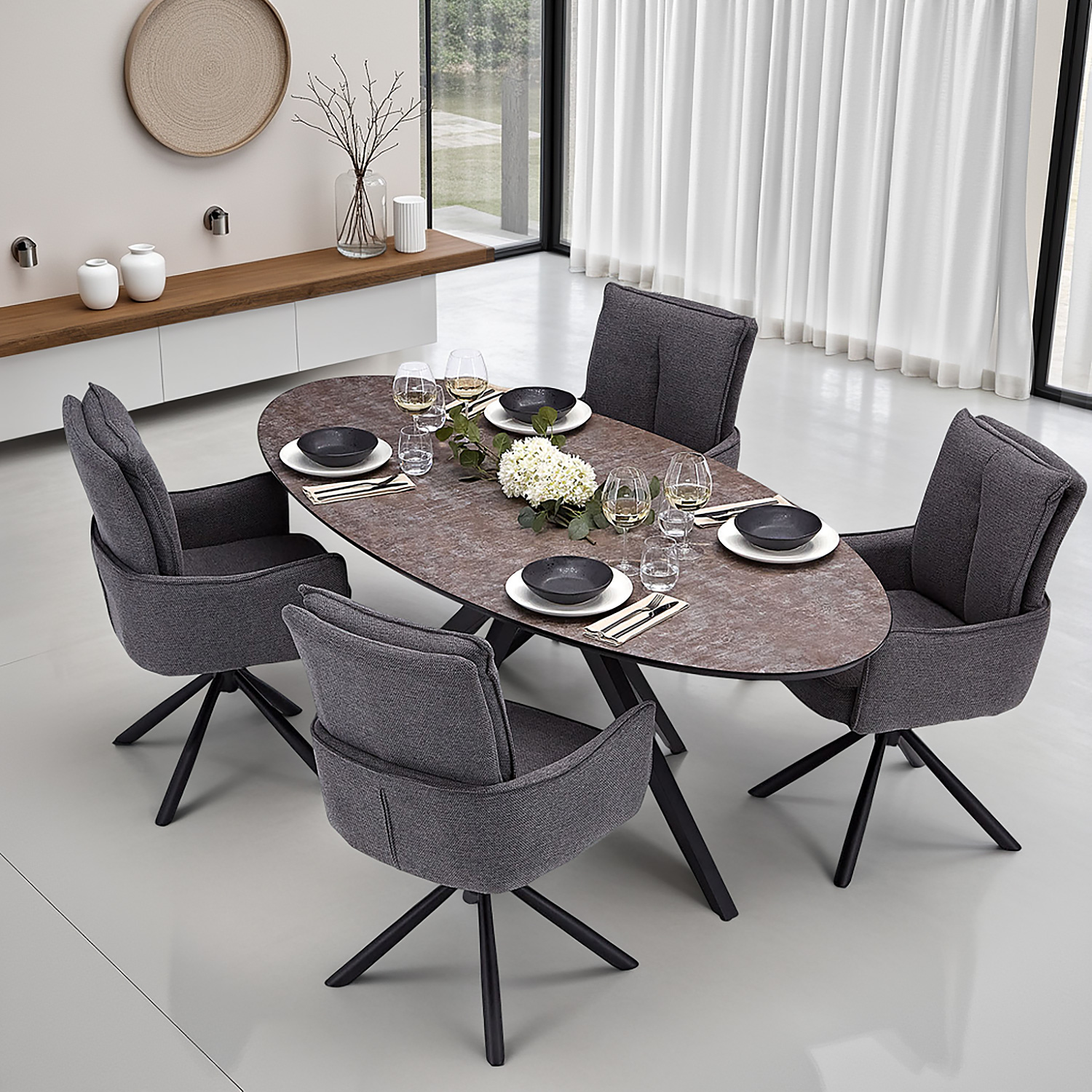 Modern Dining Table Oval Brown Black with 4 Dark Grey Fabric Chairs Dining Room Table 8 Seater Industrial Look