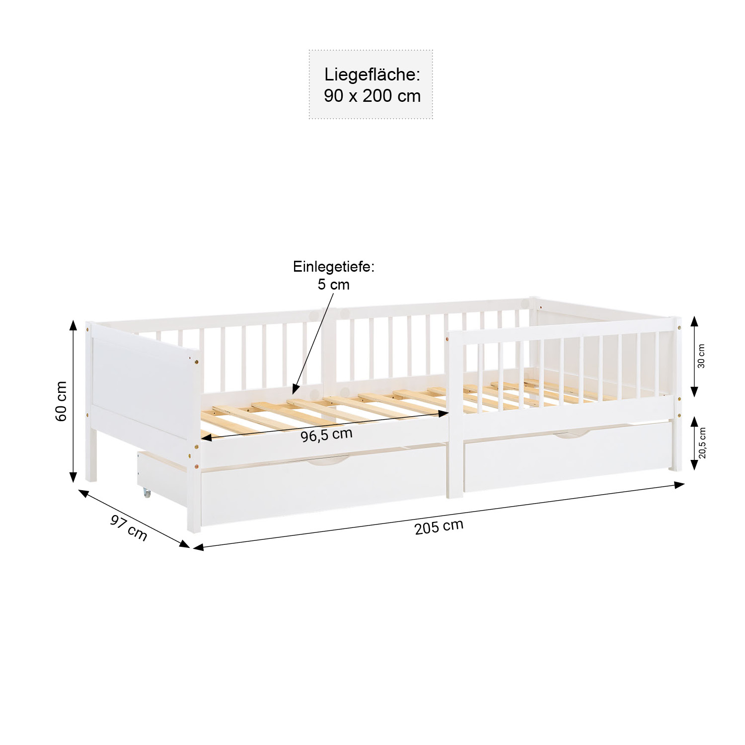 Kinderbett 90x200 cm 2 Bettkästen Rausfallschutz Weiß Grün Holzbett Einzelbett Gitterbett Holzbettrahmen Matratze