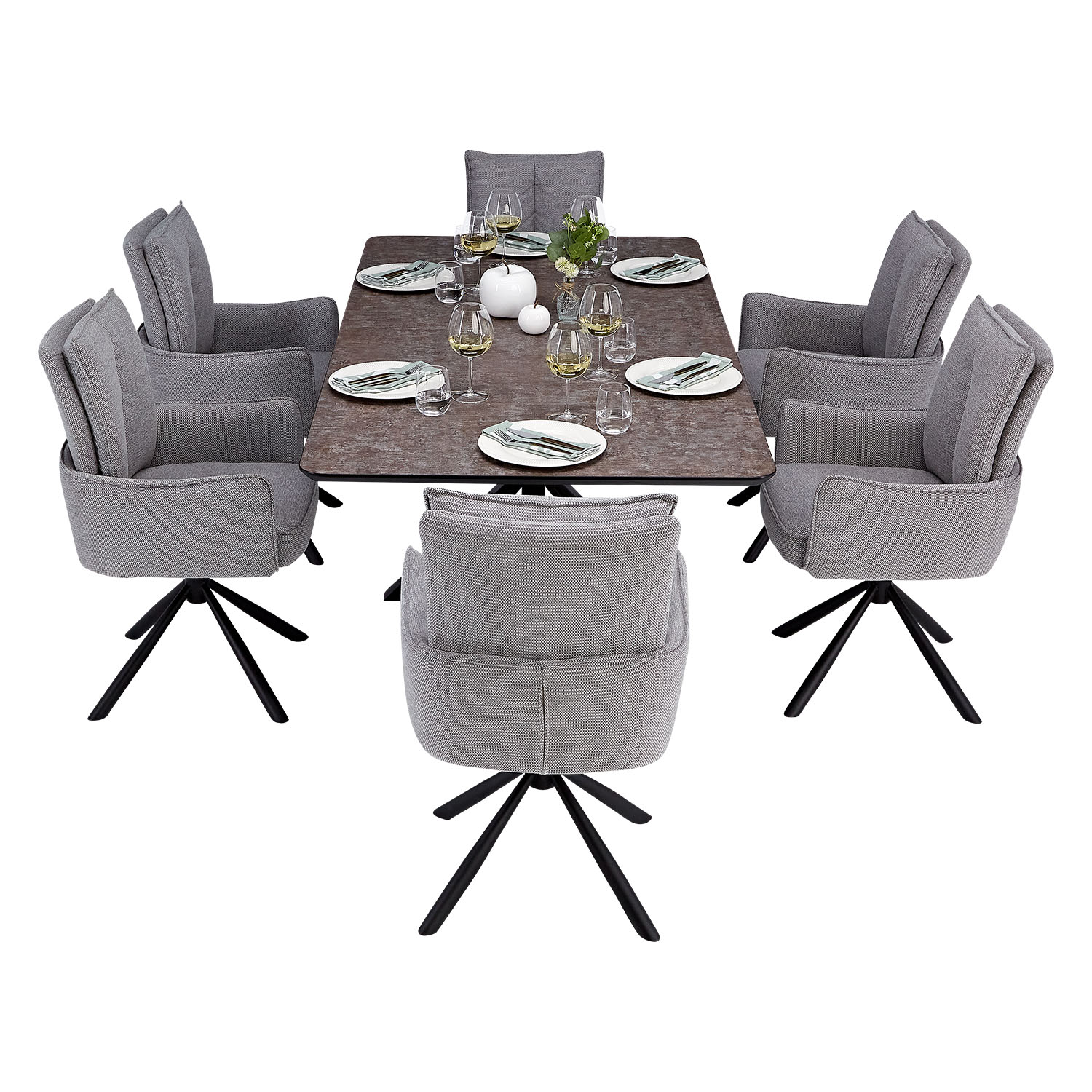 Modern Dining Table 200x100 cm Brown Black with 6 Grey Fabric Chairs Dining Room Table 8 Seater Industrial Look