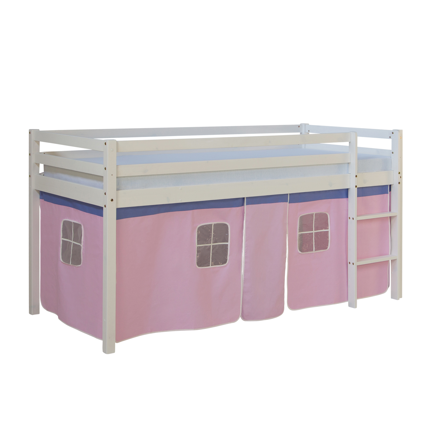 Loft Bed Kids 90x200 cm White with Curtain Pink | without Slatted Frame