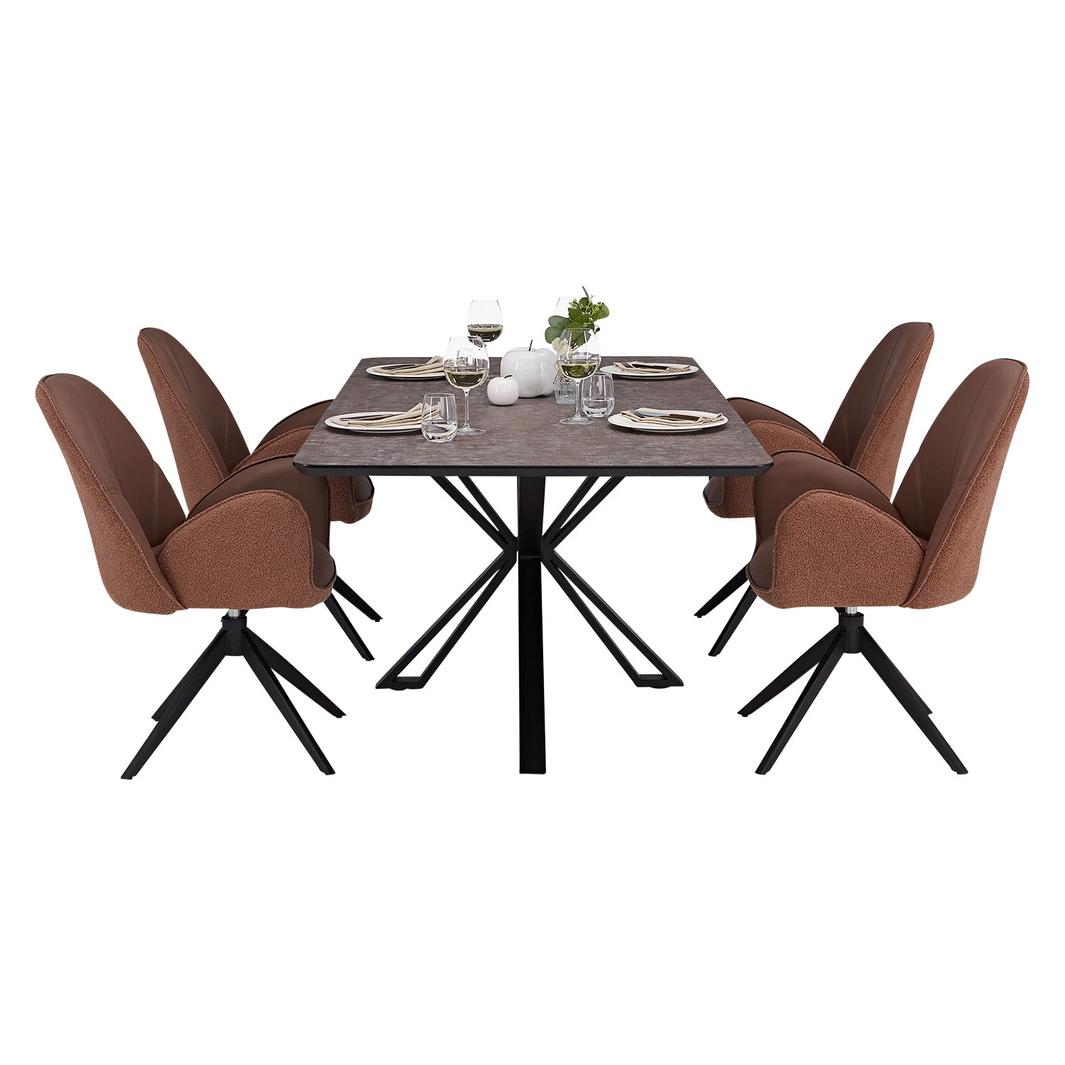 Modern Dining Table 200x100 cm Brown Black with 4 Bouclé Leather Chairs Dining Room Table 8 Seater Industrial Look