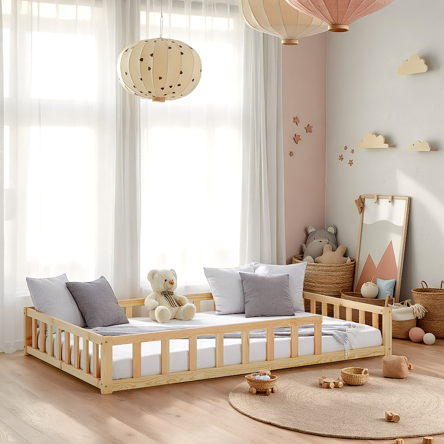 Toddler Floorbed 90x200 or 120x200 cm Montessori Bed with Barriers White Natural Wooden Infant Floor Bed Children's Bed Massif Kids Bed Single Bed Mattress
