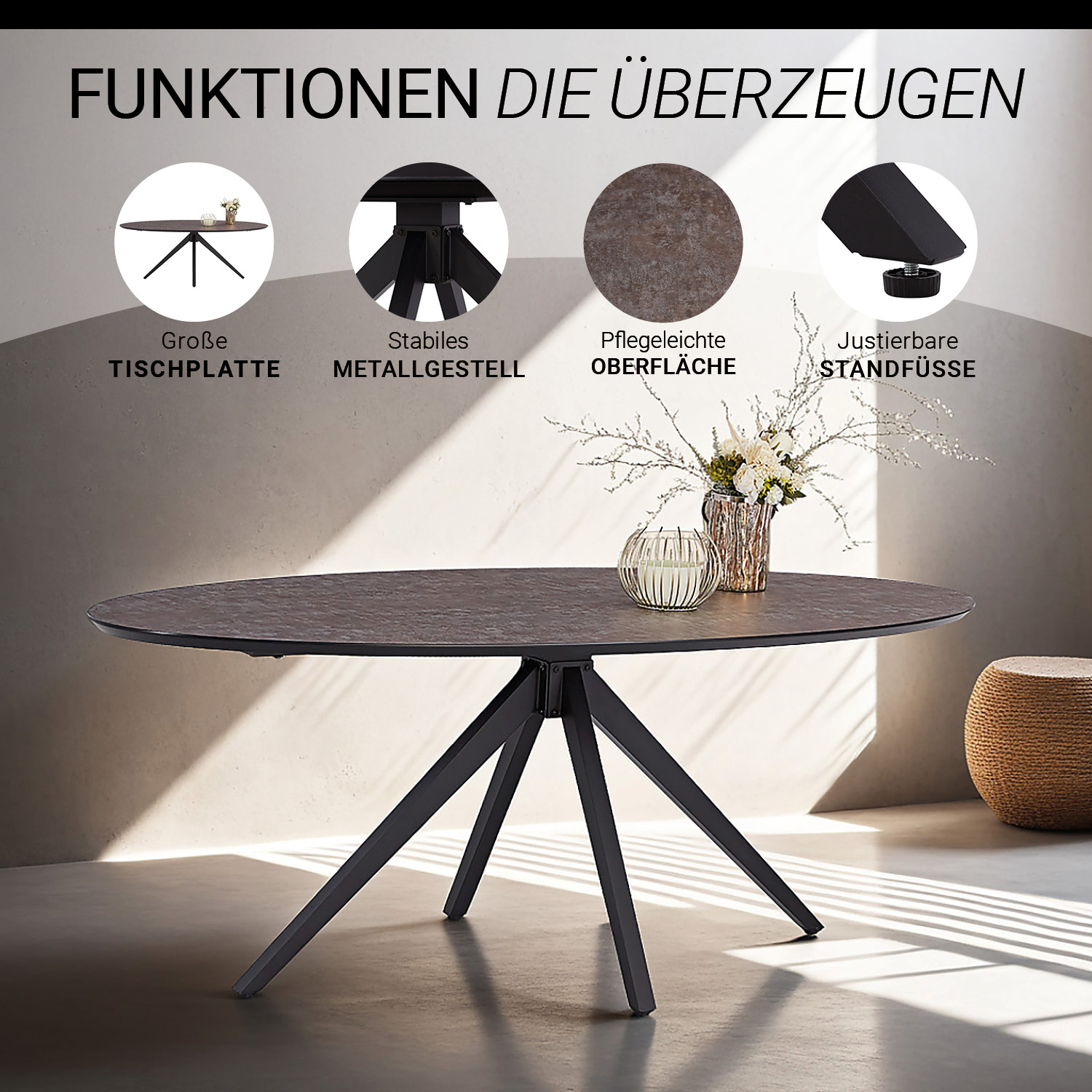 Esstisch mit 4 Stühlen Set Essgruppe Polsterstühle Drehbar Bouclé Leder Braun Beige Esszimmertisch Oval Metall Schwarz