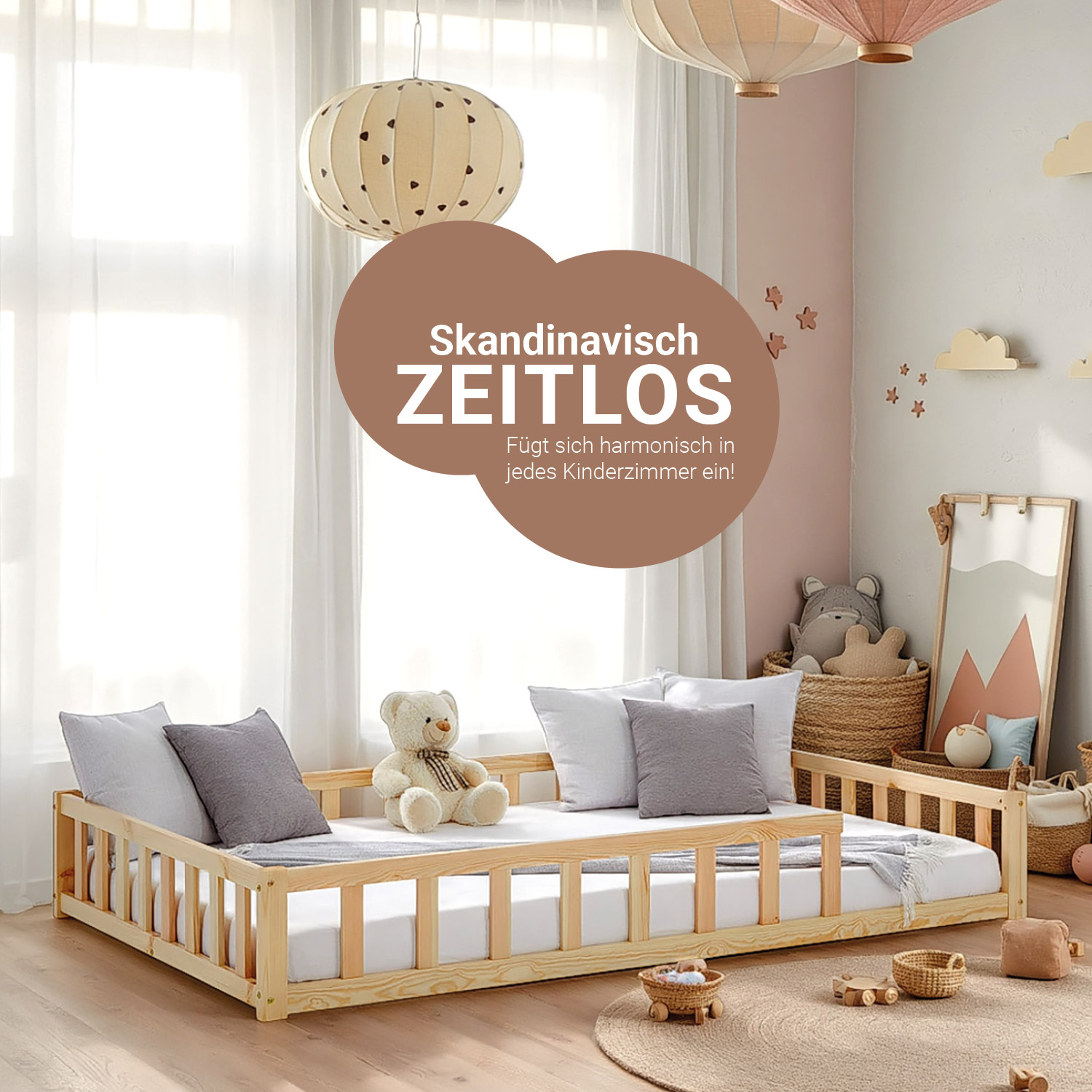 Children's Bed 120x200 Natural | Floor Bed with Mattress & Slatted Frame | with Fall Protection | Montessori