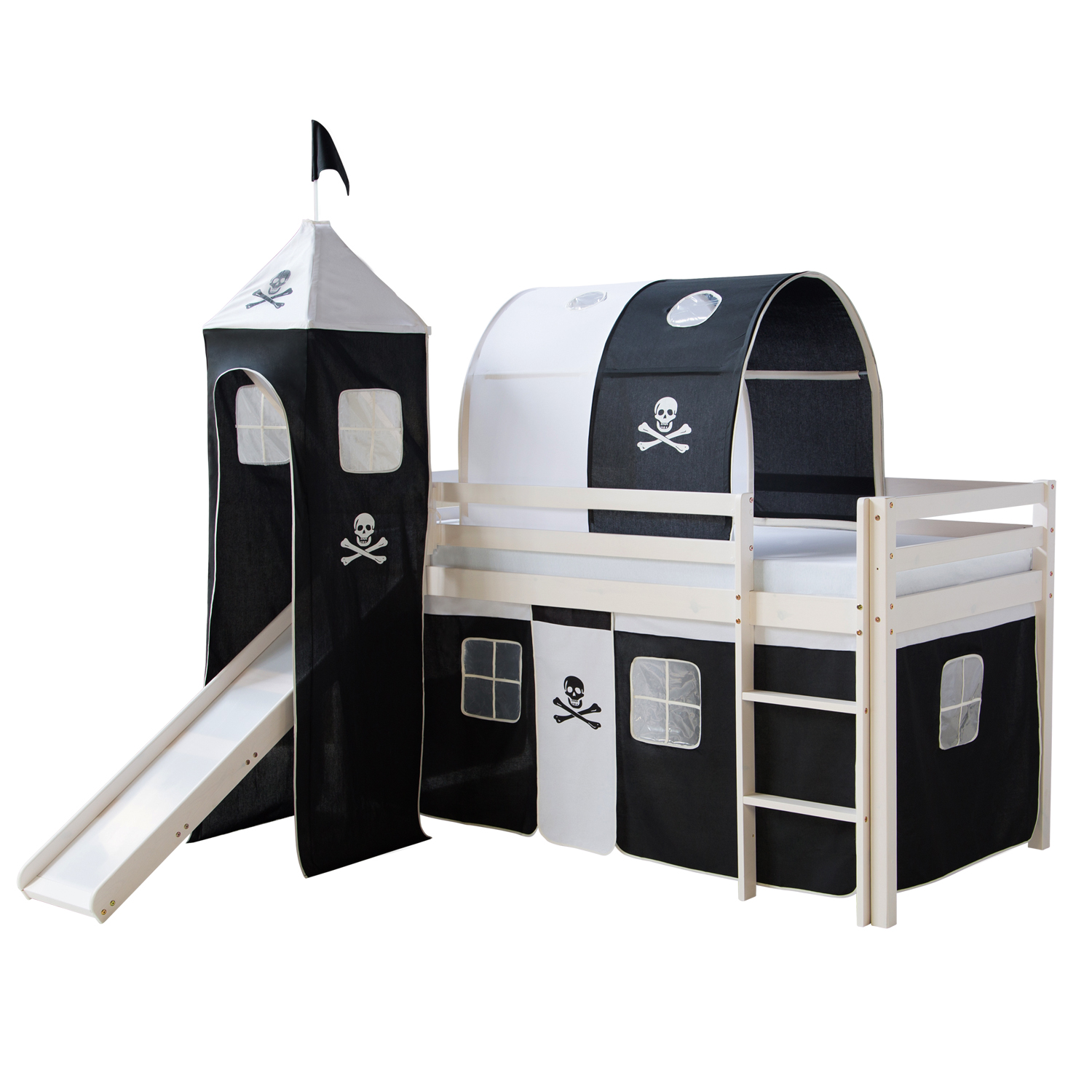 Loft Bed Kids 90x200 cm White with Curtain in Black | Tunnel | Tower | Slide | without Slatted Frame