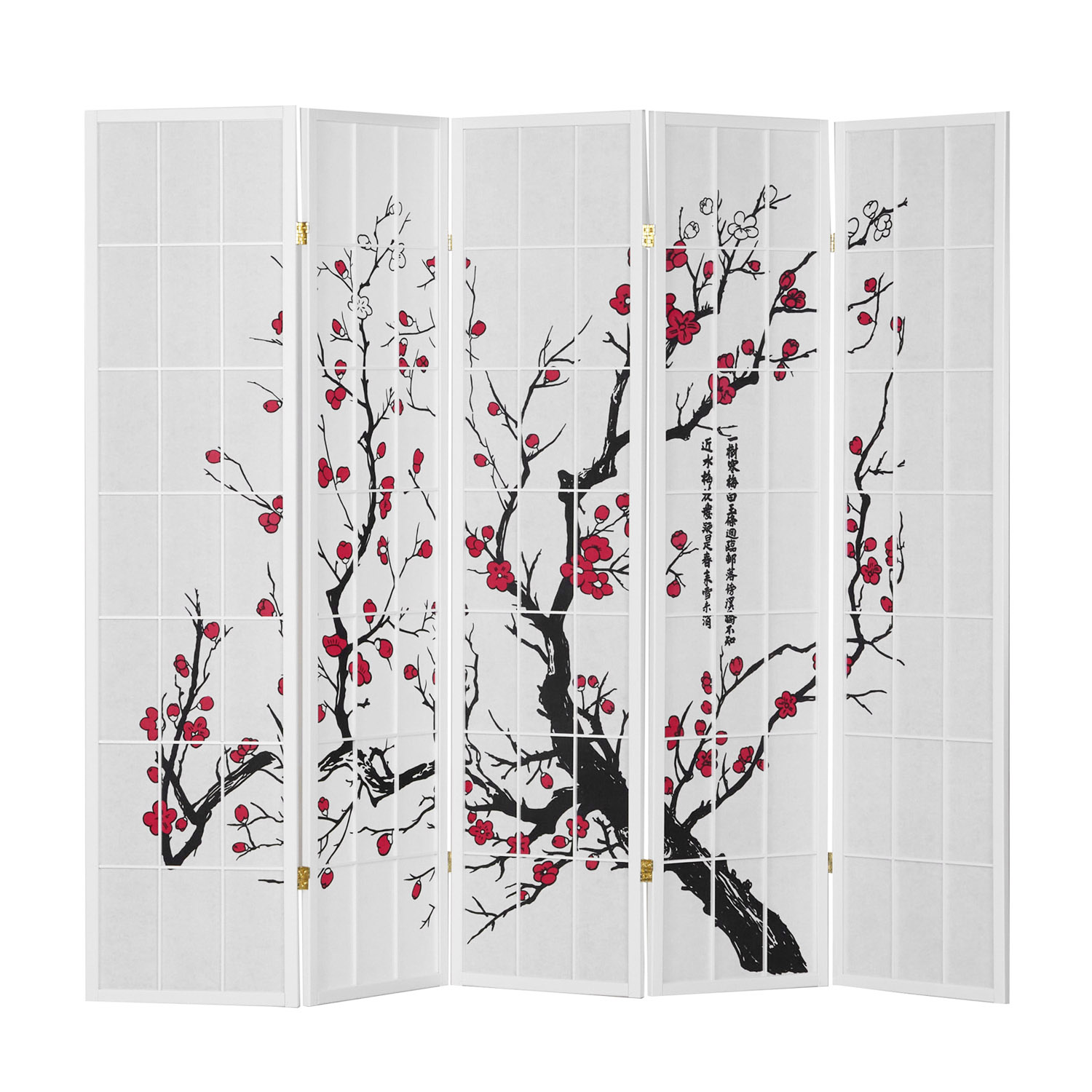 Paravent room divider 3 4 5 6 parts, wood white, rice paper, cherry pattern