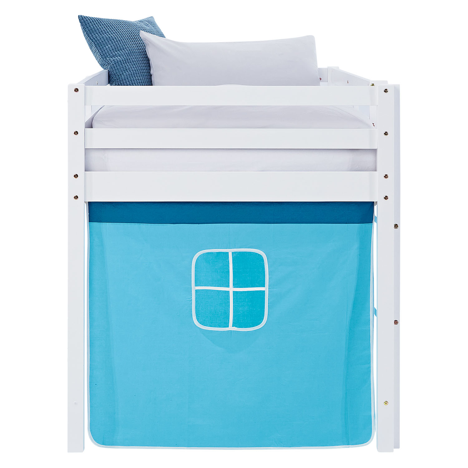 Loft Bed for Kids 90x200 cm White with Curtain in Blue | with Slatted Frame and Mattress