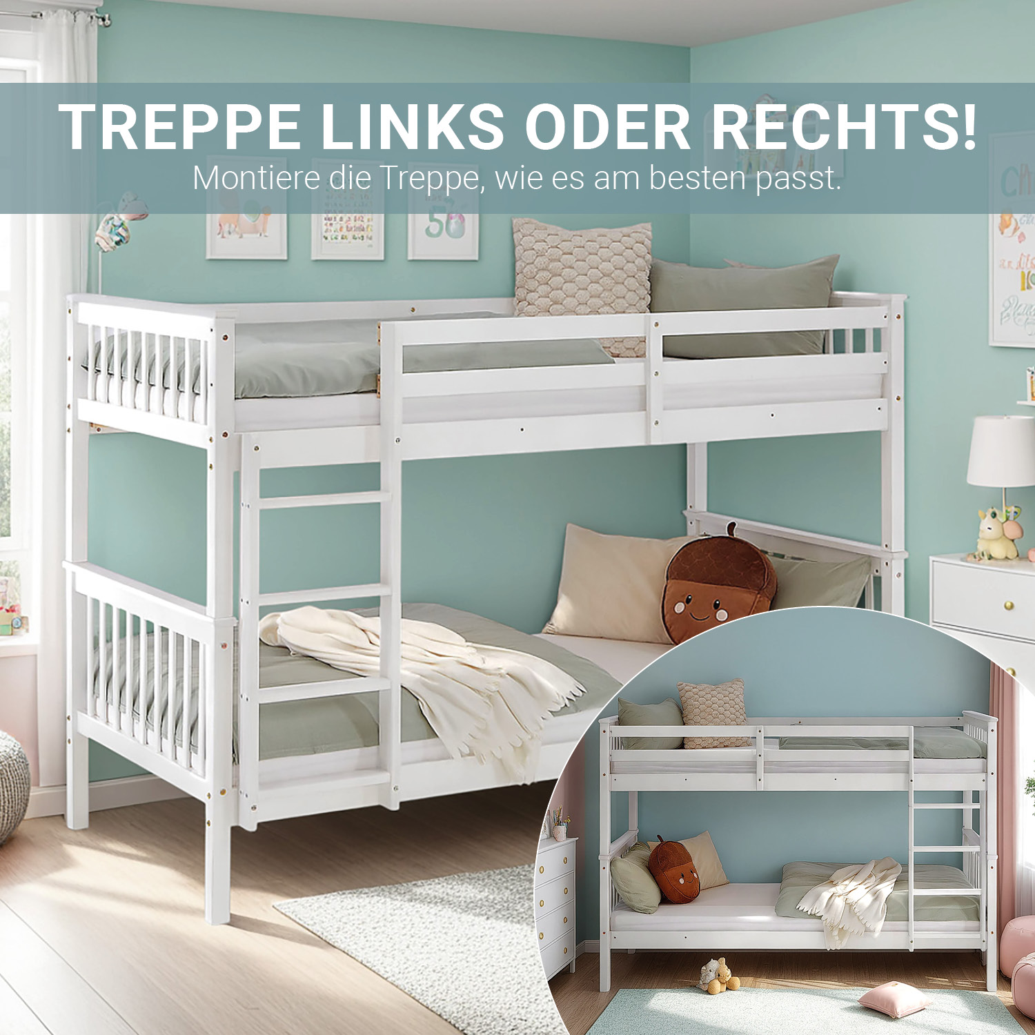 Bunk Bed 90x200 cm White | Kids Bed with Mattress | Fall Protection | Convertible | Massif pine wood