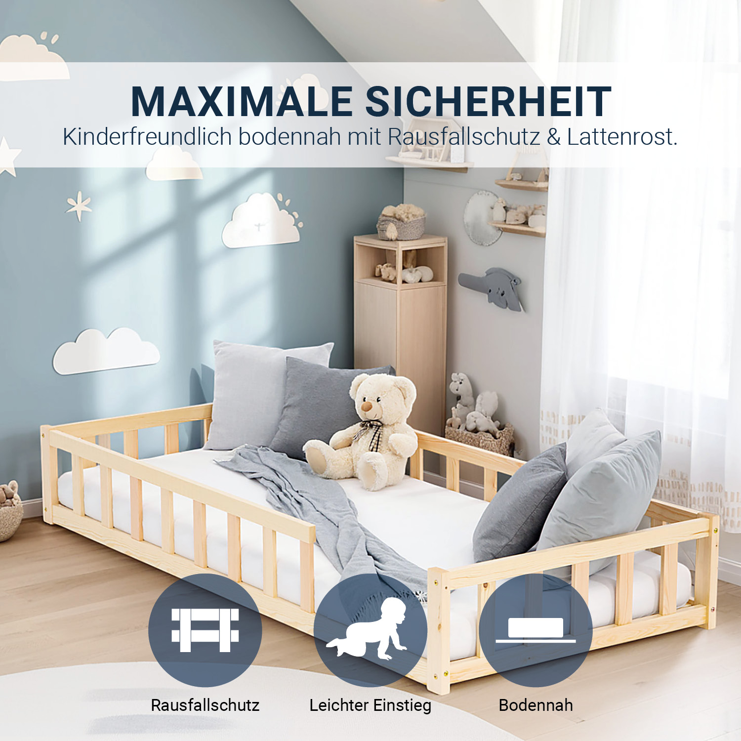 Children's Bed 90x200 Natural | Floor Bed with Slatted Frame | with Fall Protection | Montessori