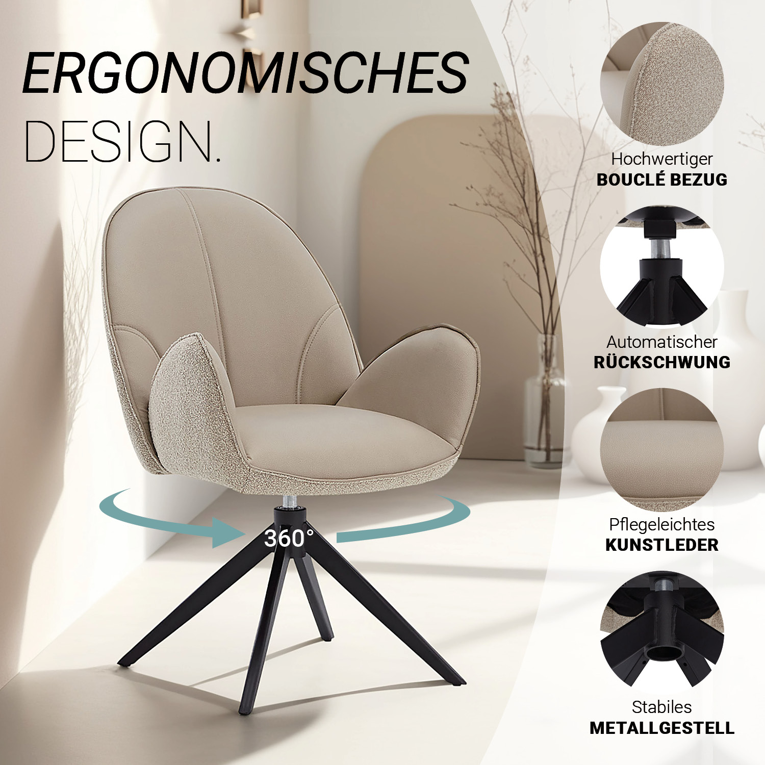 Modern Dining Table Oval Brown Black with 4 Bouclé Leather Chairs Beige Dining Room Table 8 Seater Industrial Look
