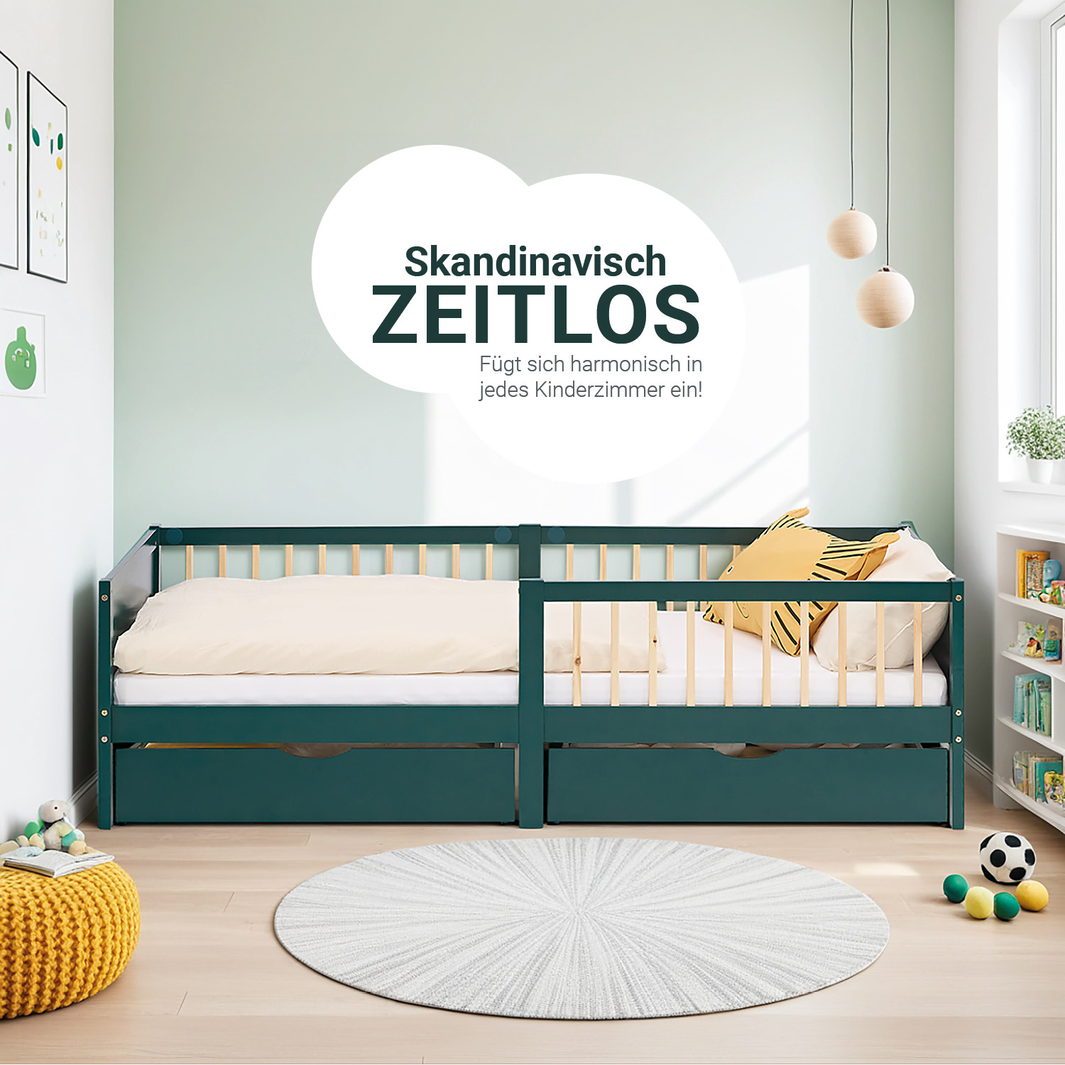 Children's Bed 90x200 cm Green | Wooden bed with mattress | Single Bed | 2 drawers | Fall Protection