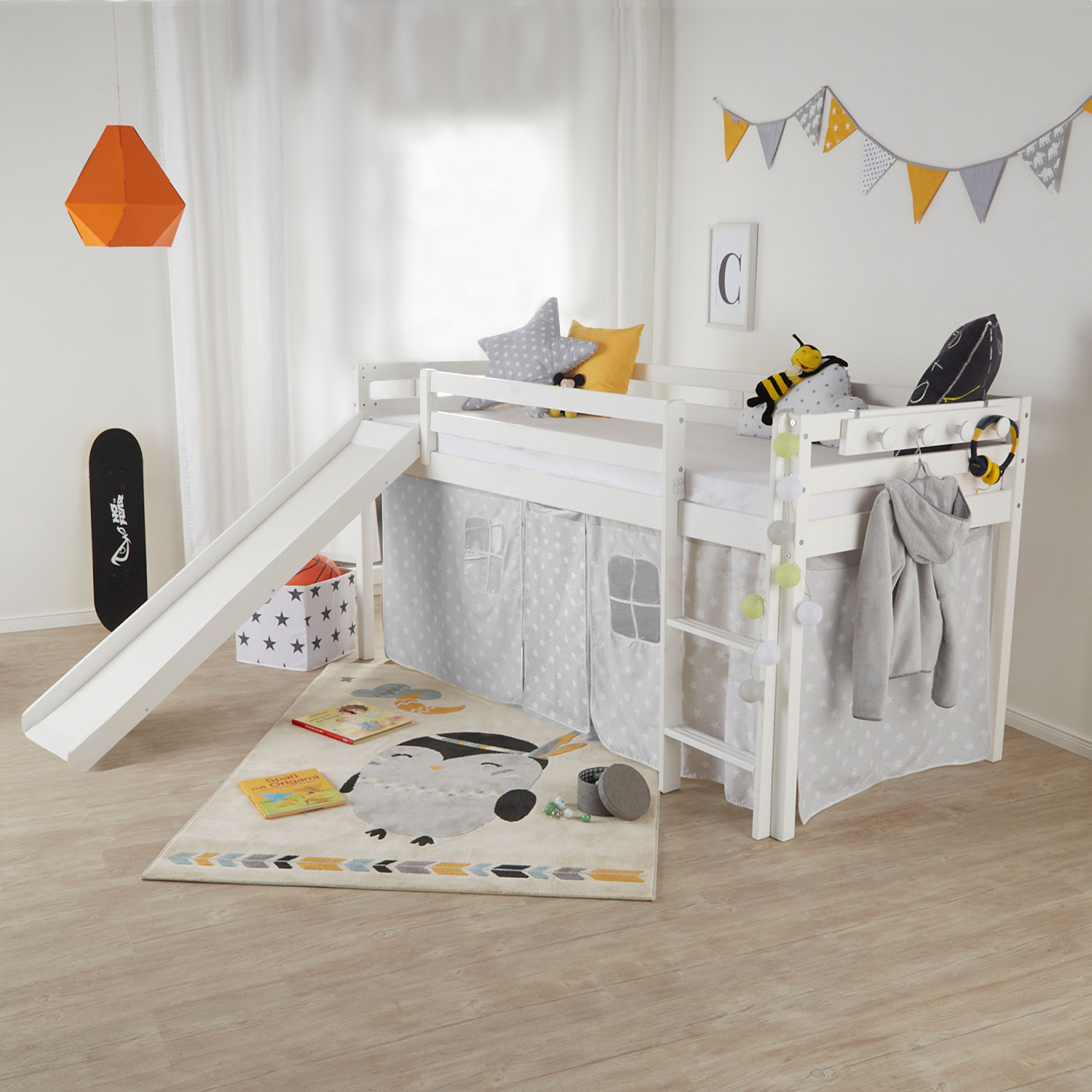 Loft Bed Kids 90x200 cm White | Slide | without Slatted Frame Cabin Bunk Bed 90x200 cm High sleeper Bed white or grey Wooden bed Childrens bed