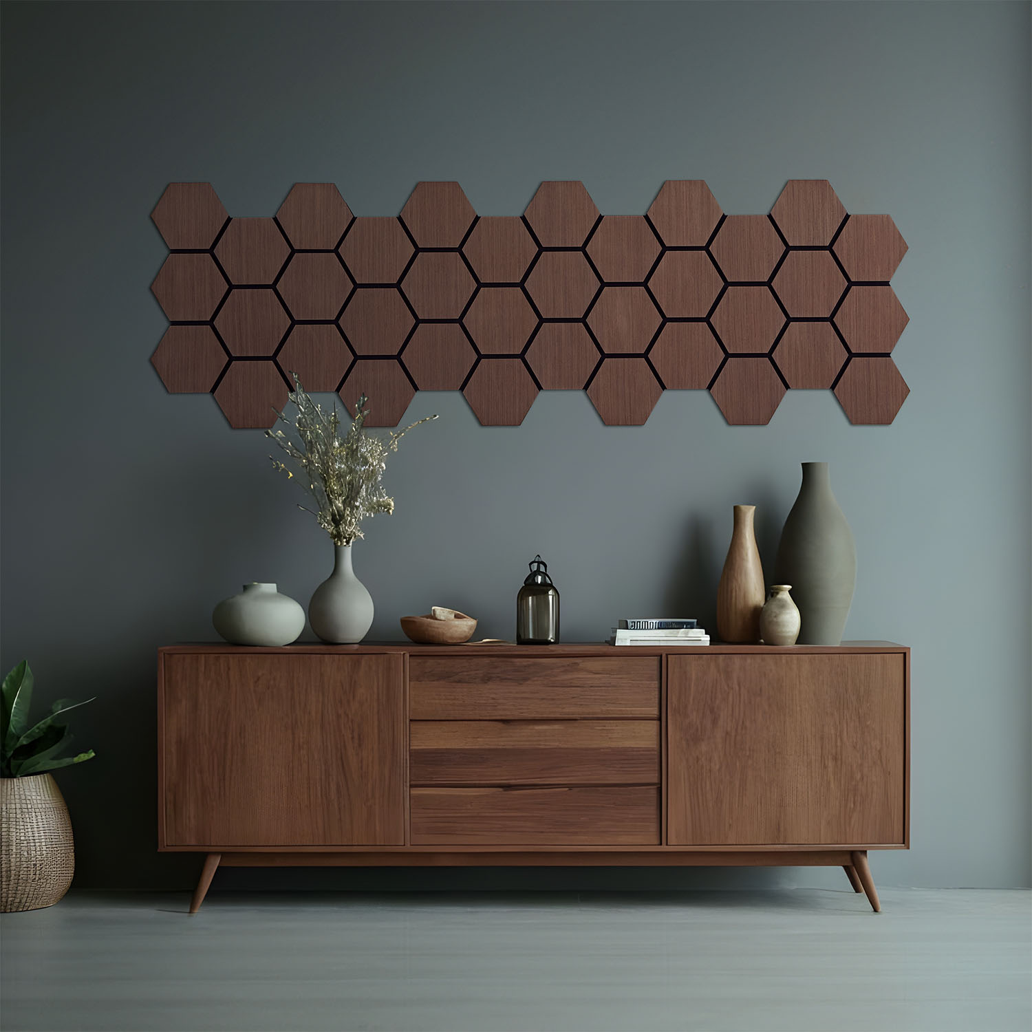 Hexagon Wandpaneele – Design und Akustik in perfekter Harmonie Acoustic Panels Wall Panels Hexagon Honeycomb 76 x 62 cm Brown Walnut | Wood | 8-piece Set | 3D