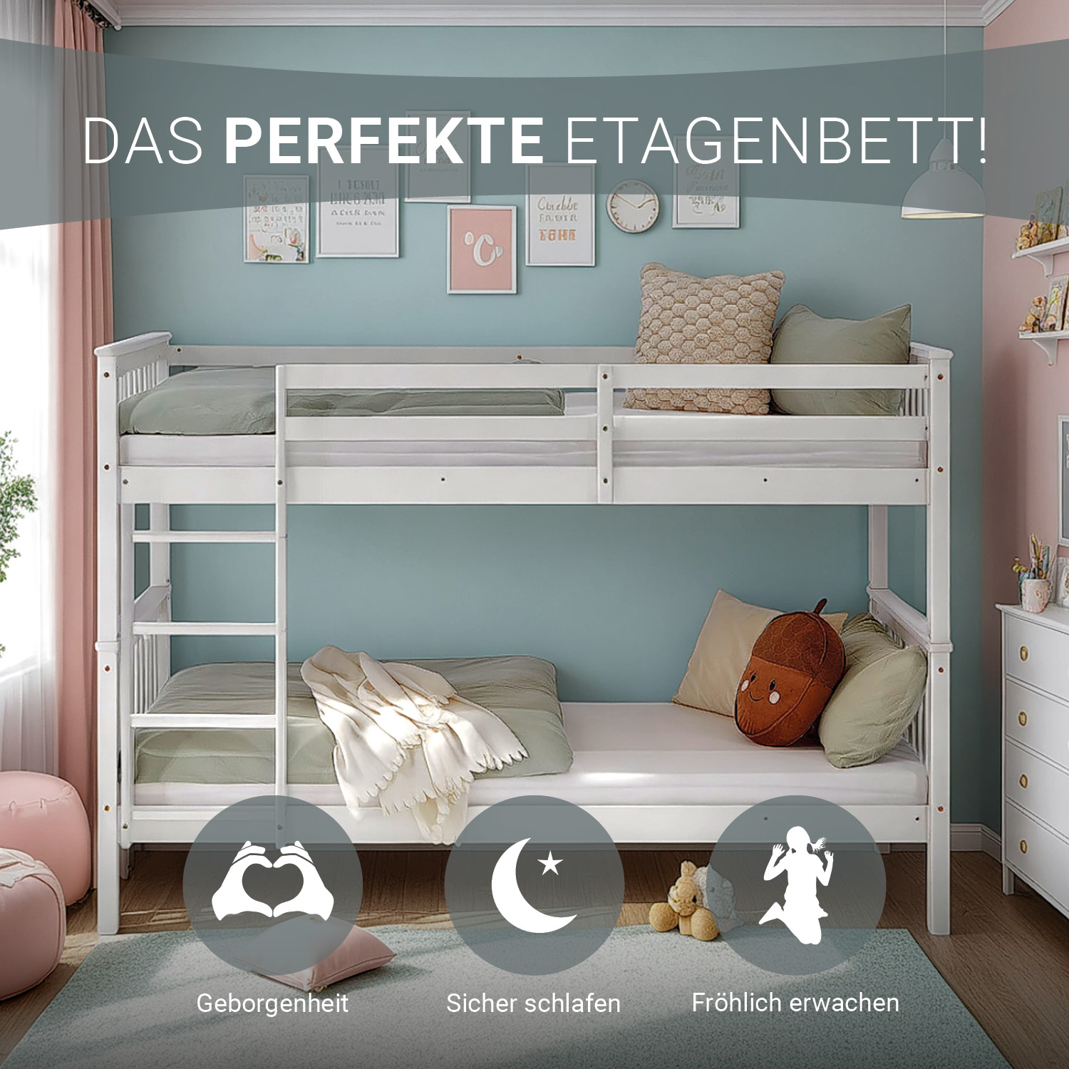 Kinderbett 90x200 Etagenbett Holzbett Weiß Jugendbett Doppelstockbett Rausfallschutz Umbaubar Matratze Stauraum
