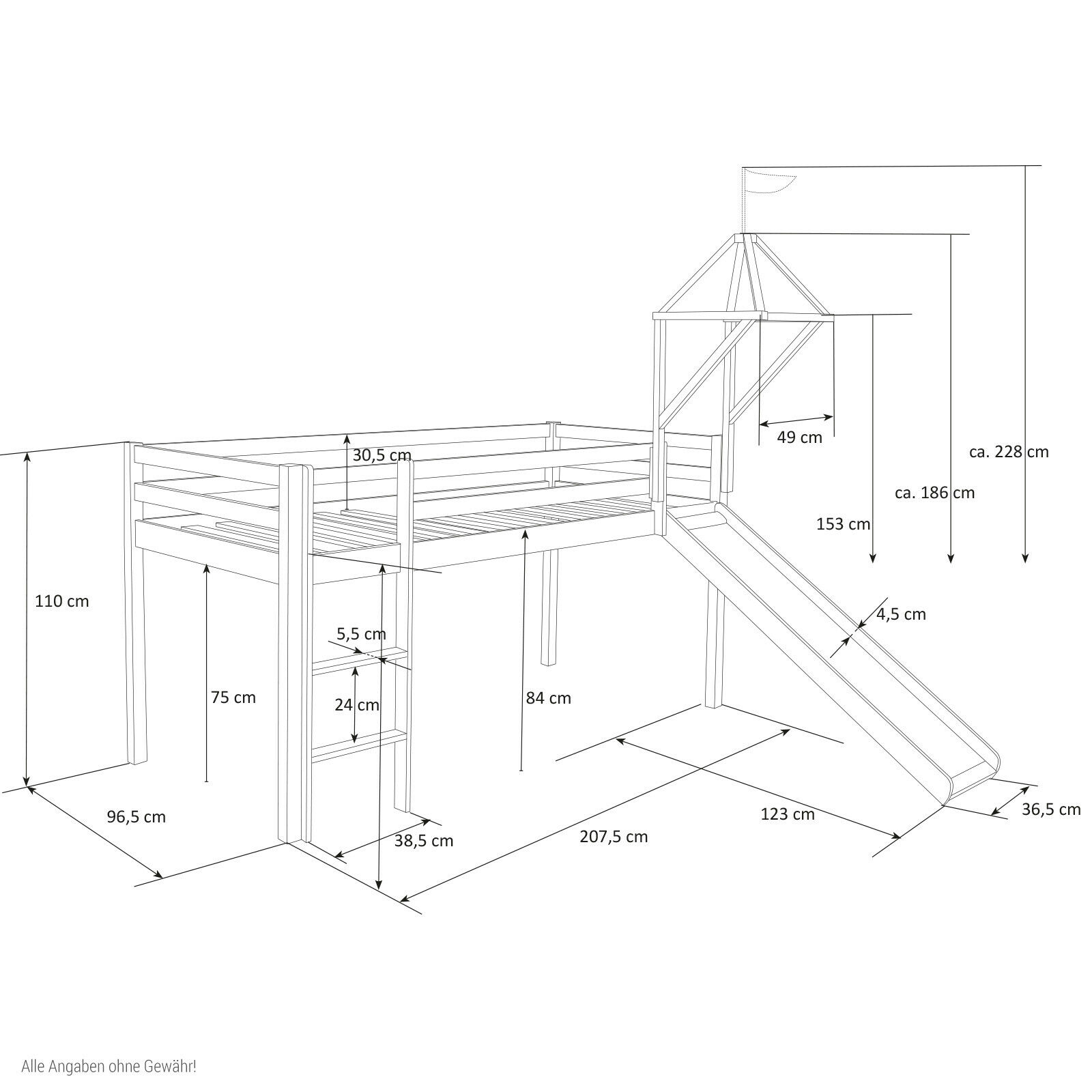 Loft Bed Kids 90x200 cm White with Curtain Pink | Tunnel | Tower | Slide | without Slatted Frame