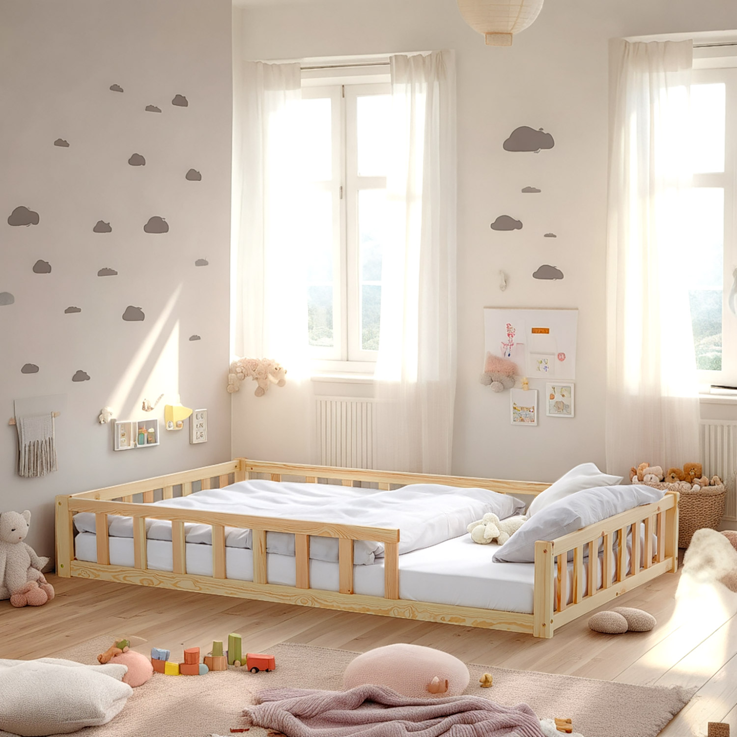 Children's Bed 120x200 Natural | Floor Bed with Mattress & Slatted Frame | with Fall Protection | Montessori