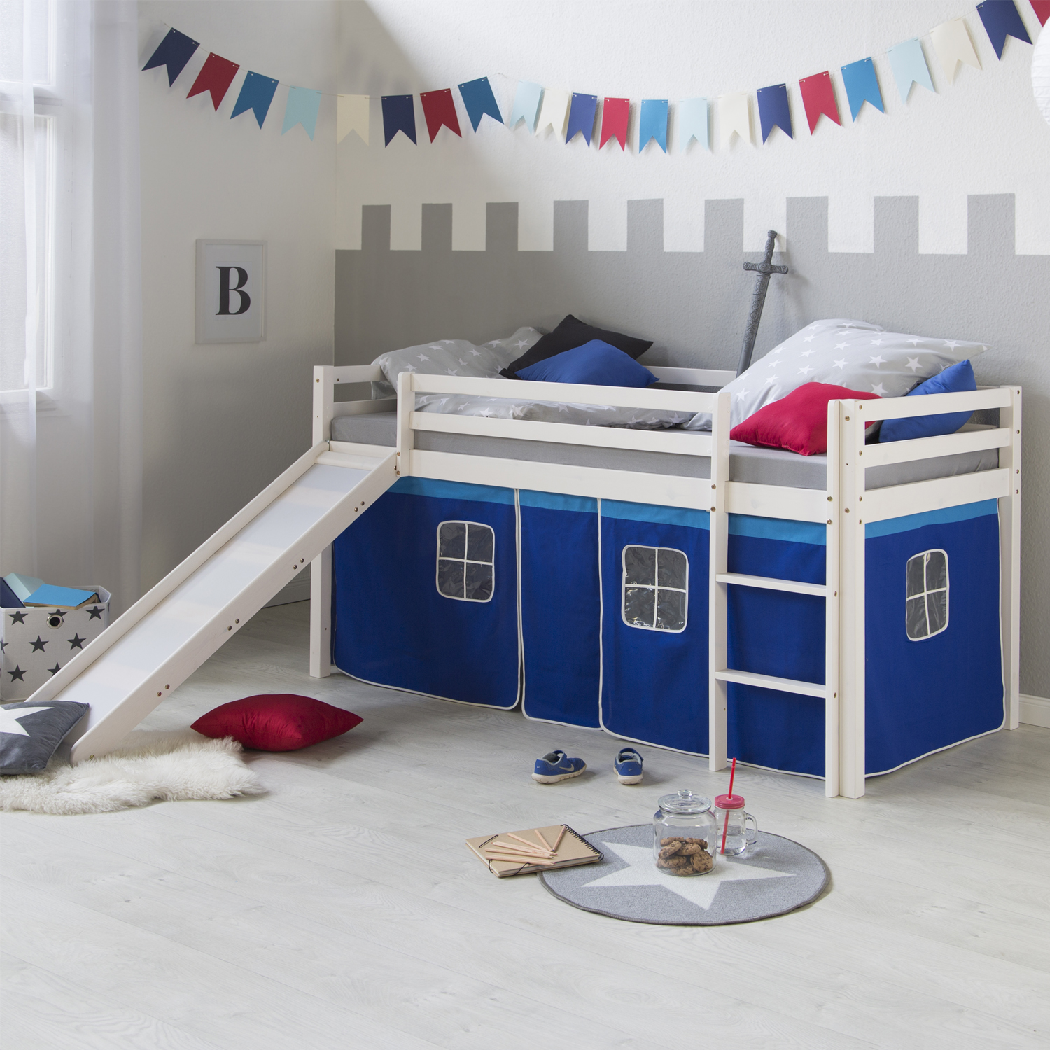 Loft Bed Kids 90x200 cm White with Curtain Blue | Slide | without Slatted Frame Loftbed 90x200 cm Bunk bed Childrens bed Solid Pine Wood Tower Tunnel Curtain Blue Slide Mattress Slats