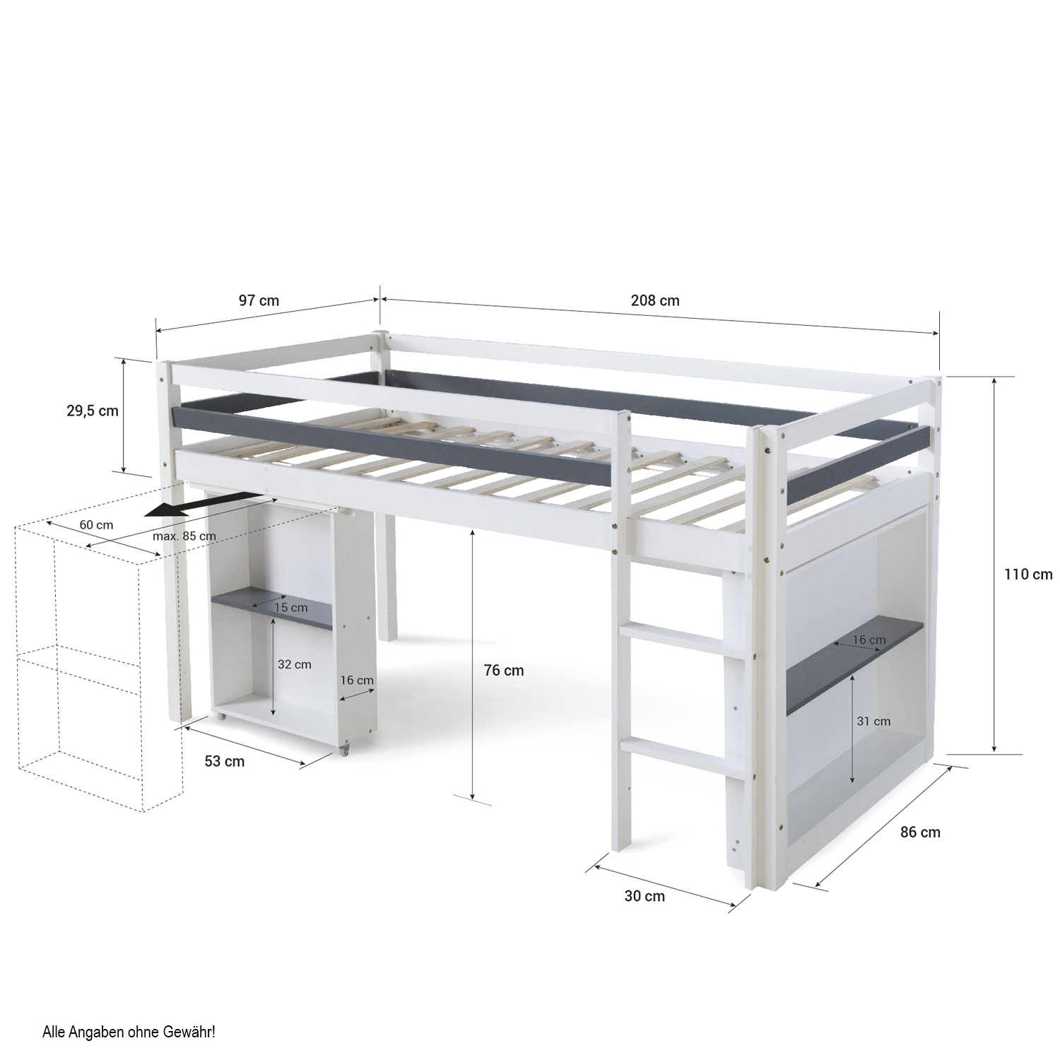 Loft Bed Kids 90x200 cm White with Desk | with Shelf | with Slatted Frame