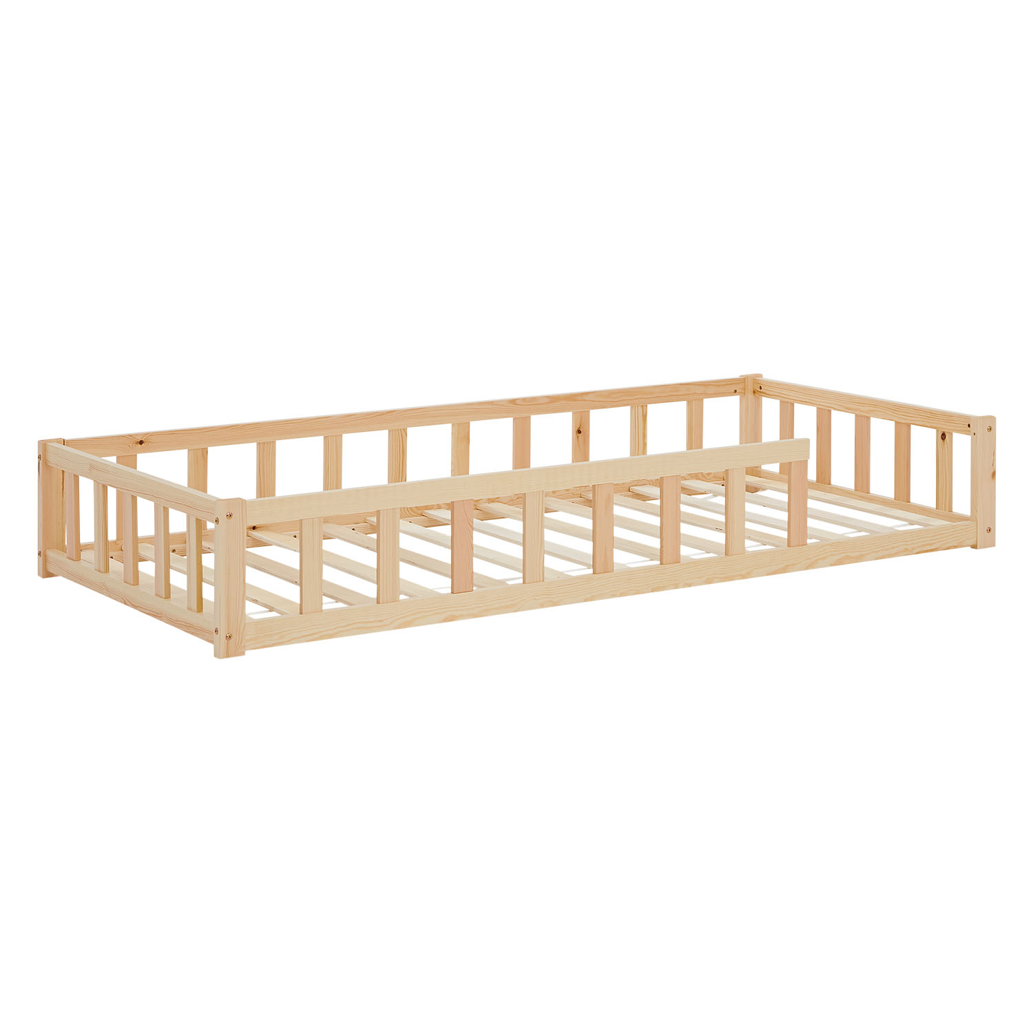Children's Bed 90x200 Natural | Floor Bed with Slatted Frame | with Fall Protection | Montessori