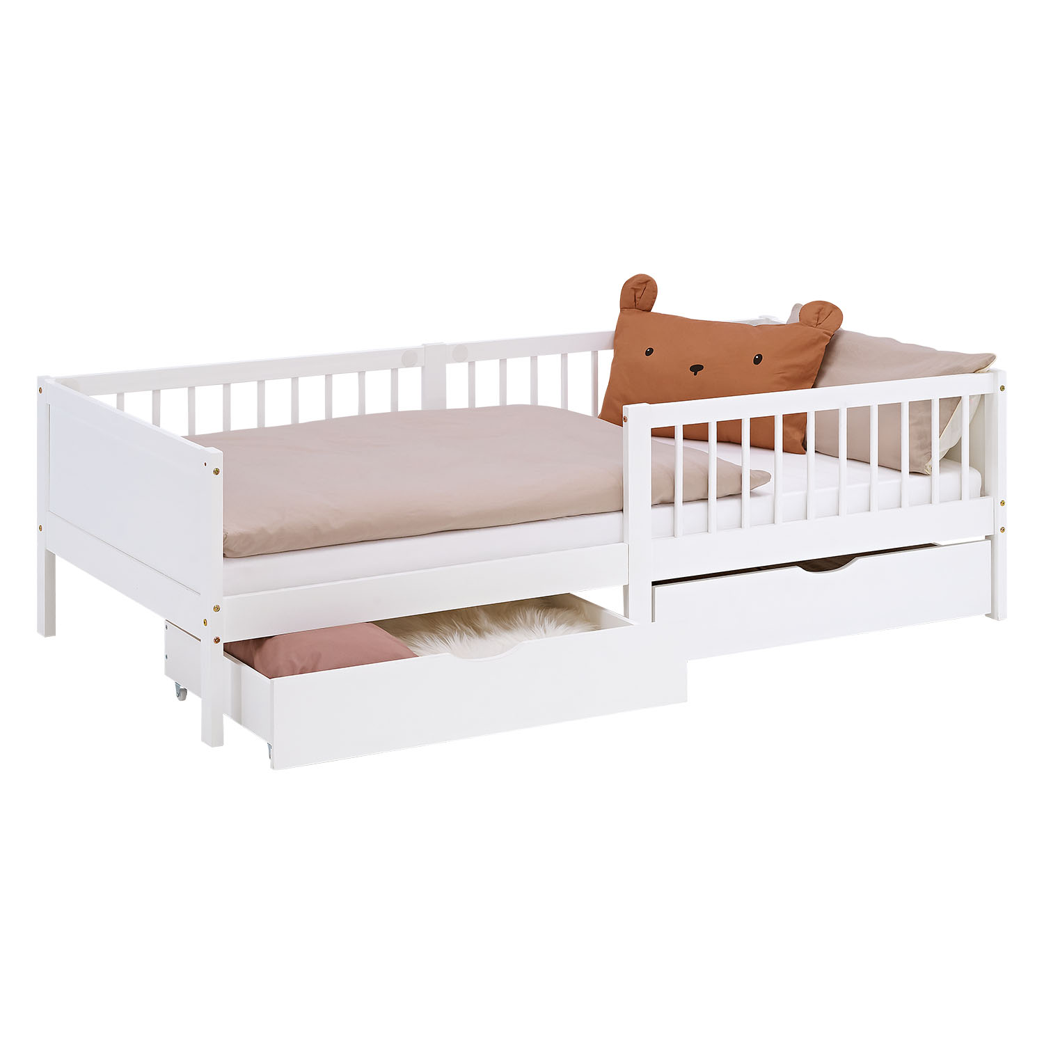 Kinderbett 90x200 cm 2 Bettkästen Rausfallschutz Weiß Grün Holzbett Einzelbett Gitterbett Holzbettrahmen Matratze