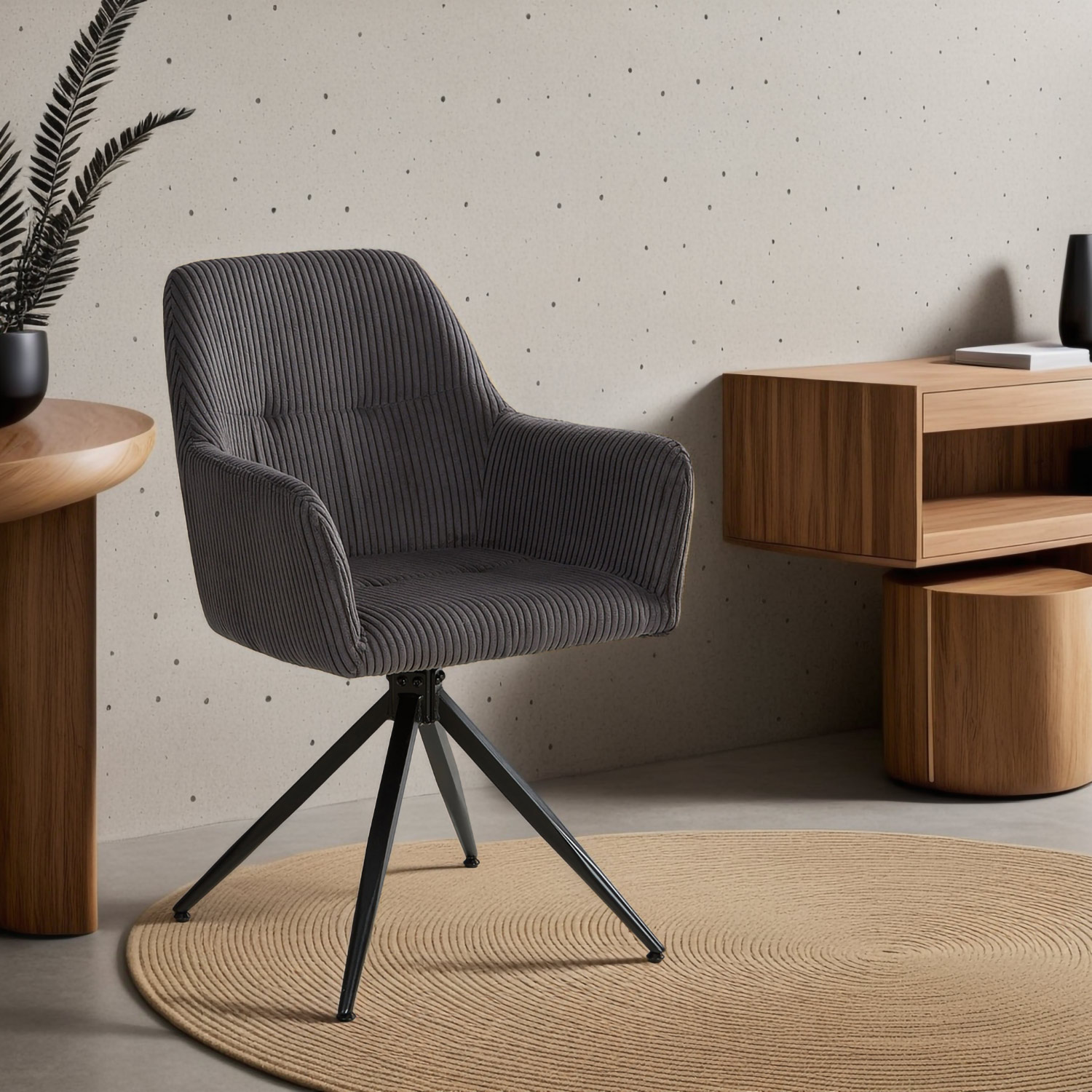 Modern Dining Table Washed White 160x90 cm with 4 Grey Corduroy Chairs Dining Room Table Natural Wooden Table