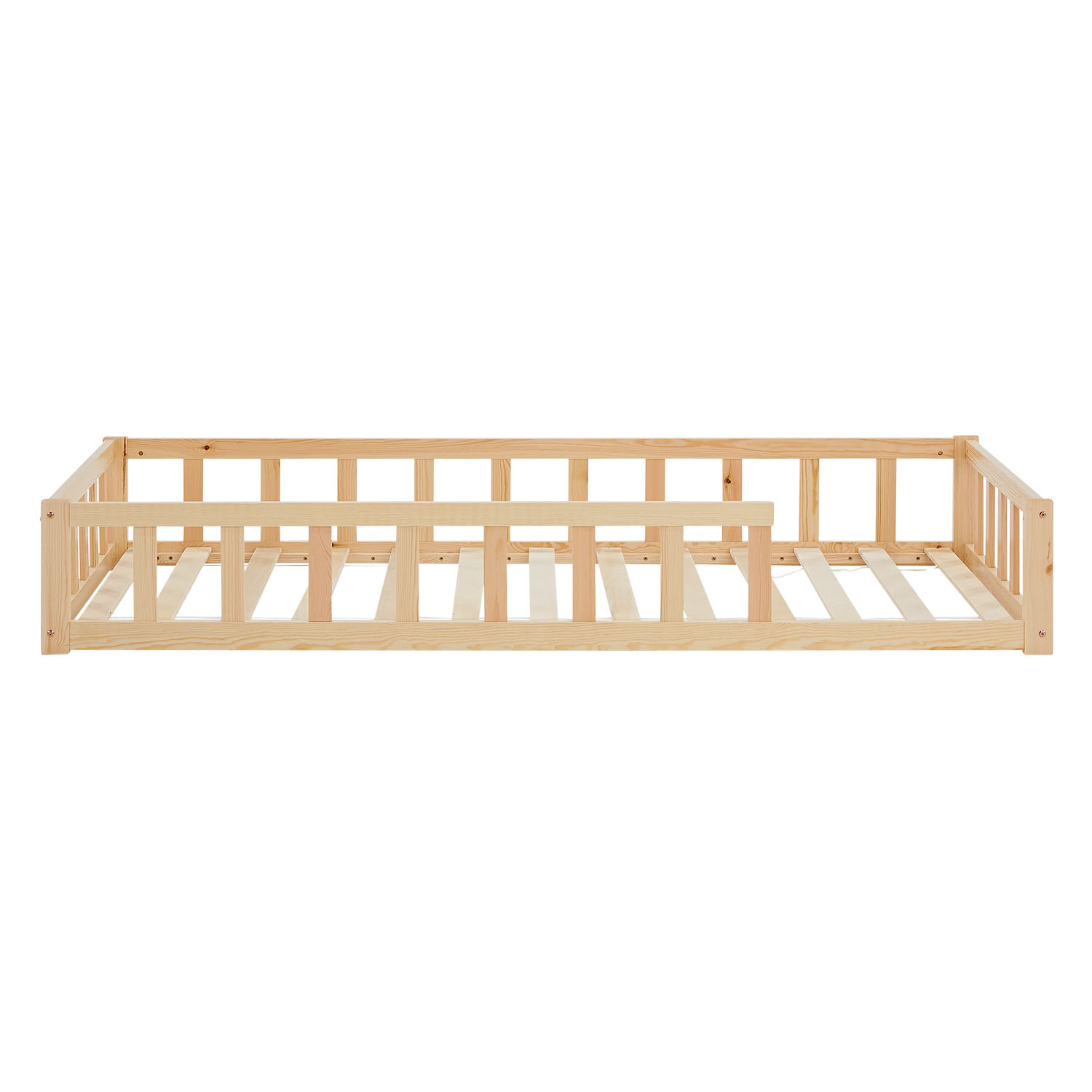 Children's Bed 90x200 Natural | Floor Bed with Slatted Frame | with Fall Protection | Montessori