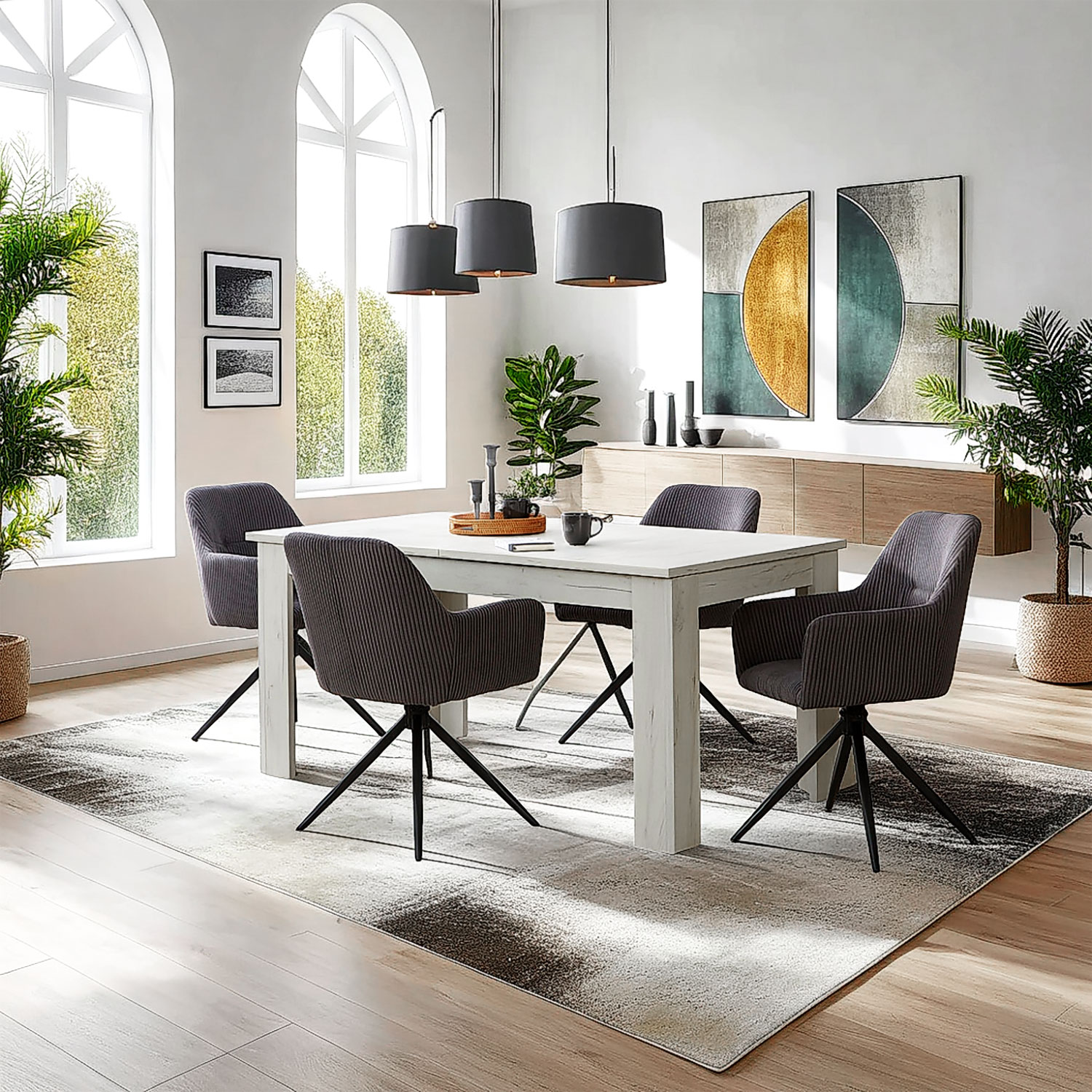 Modern Dining Table Washed White 160x90 cm with 4 Grey Corduroy Chairs Dining Room Table Natural Wooden Table