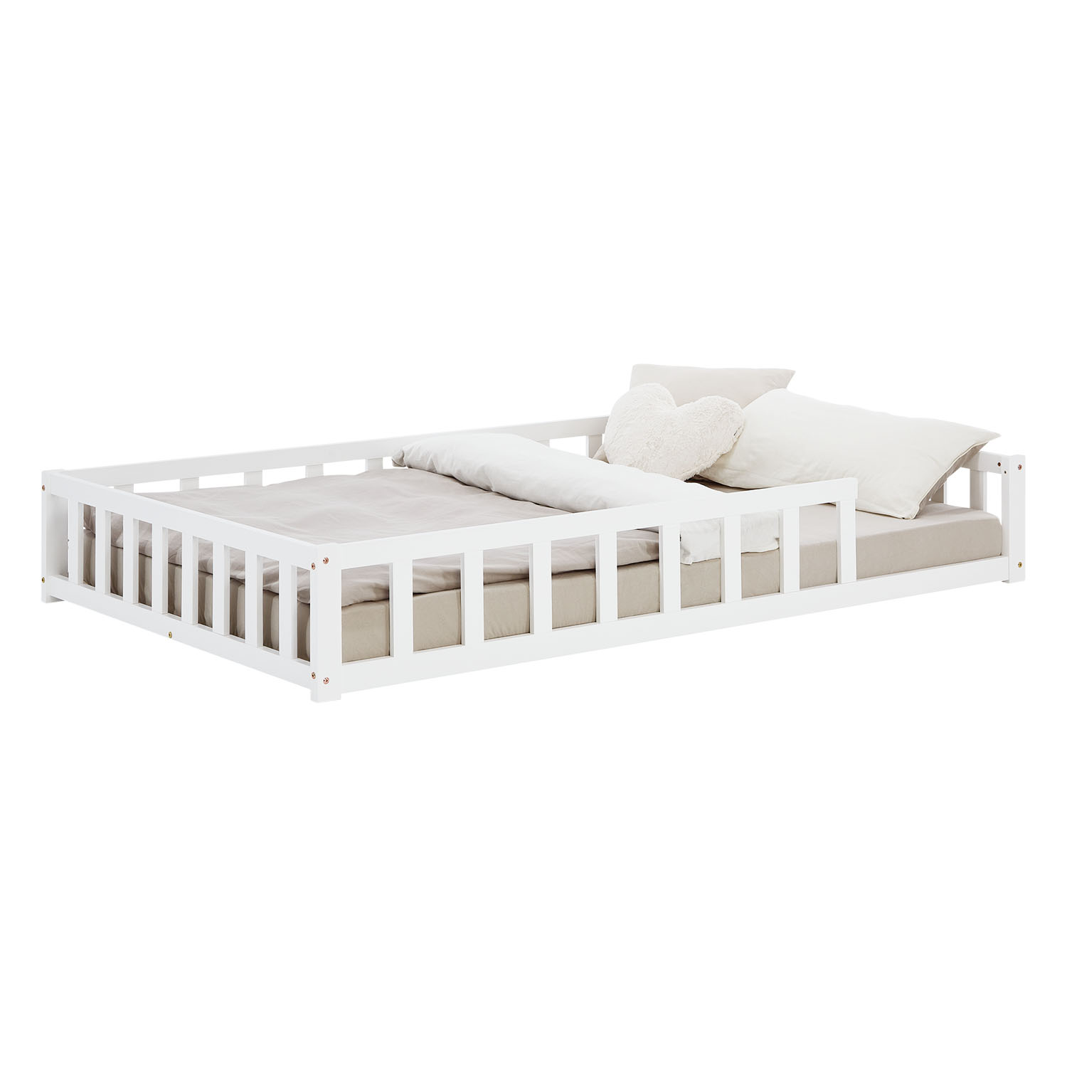 Children's Bed 120x200 White | Floor Bed with Mattress & Slatted Frame | with Fall Protection | Montessori