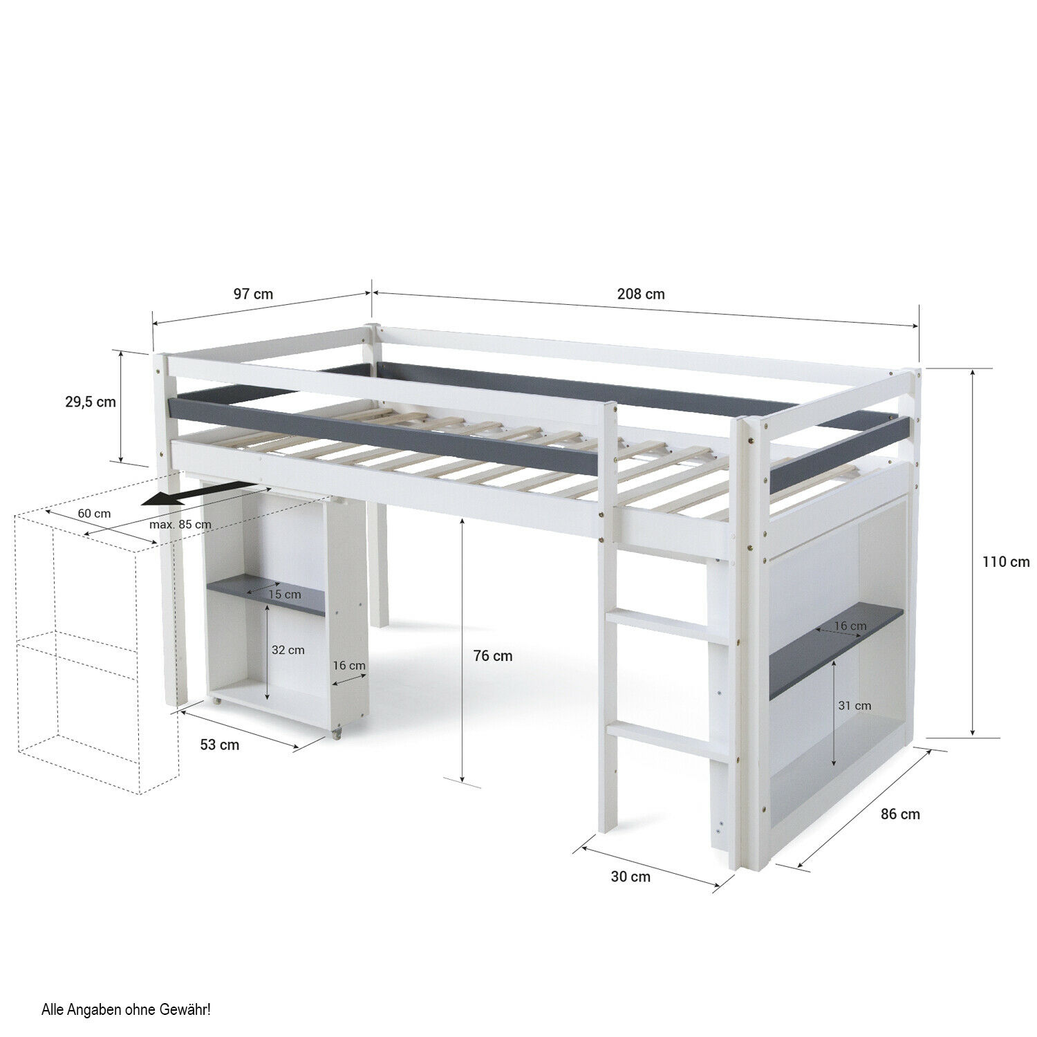 Loft Bed Kids 90x200 cm White with Desk | with Shelf | with Slatted Frame