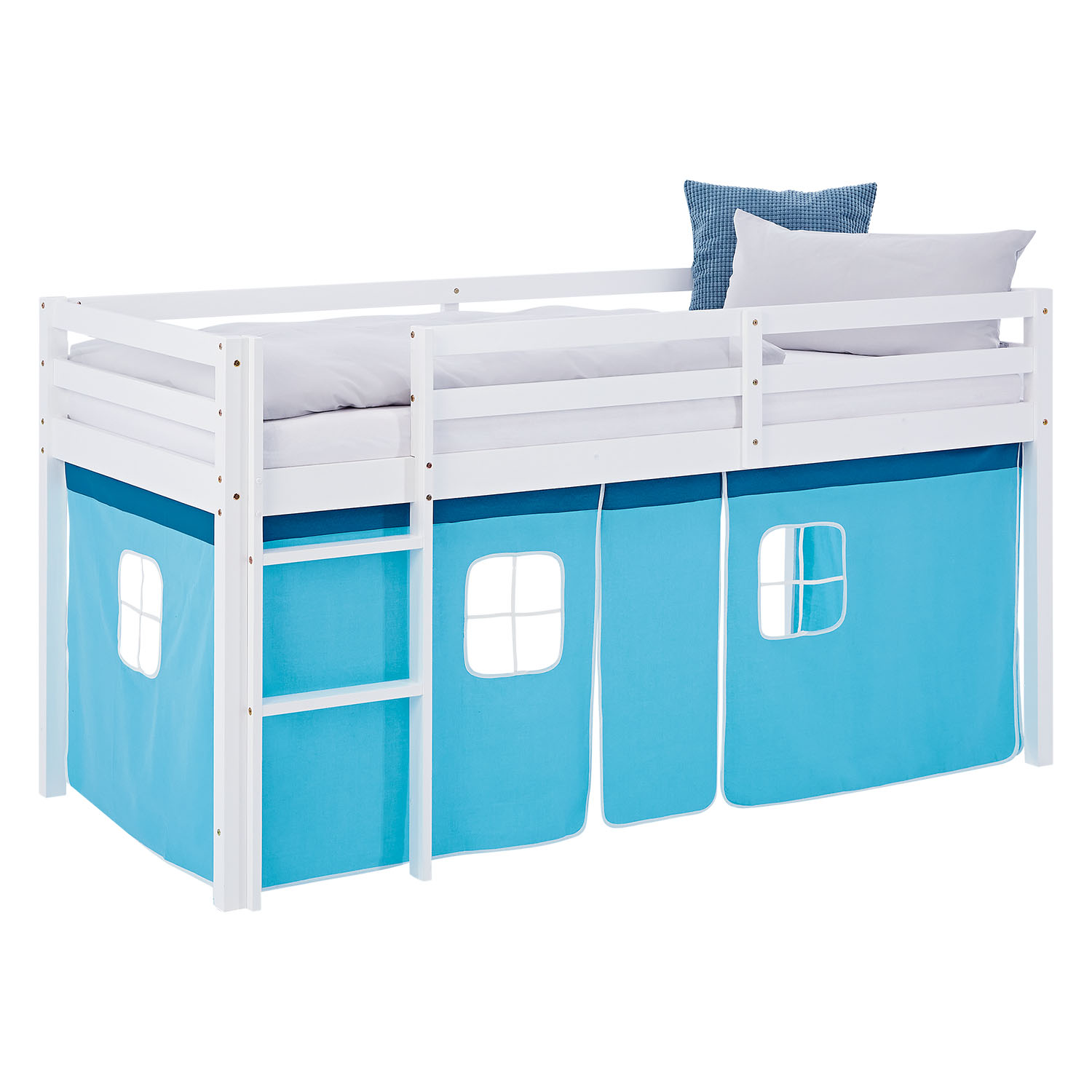 Loft Bed for Kids 90x200 cm White with Curtain in Blue | with Slatted Frame and Mattress