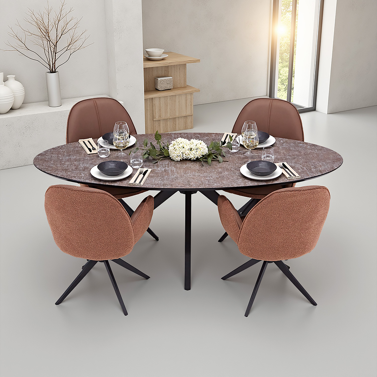 Modern Dining Table Oval Brown Black with 4 Bouclé Leather Chairs Dining Room Table 8 Seater Industrial Look