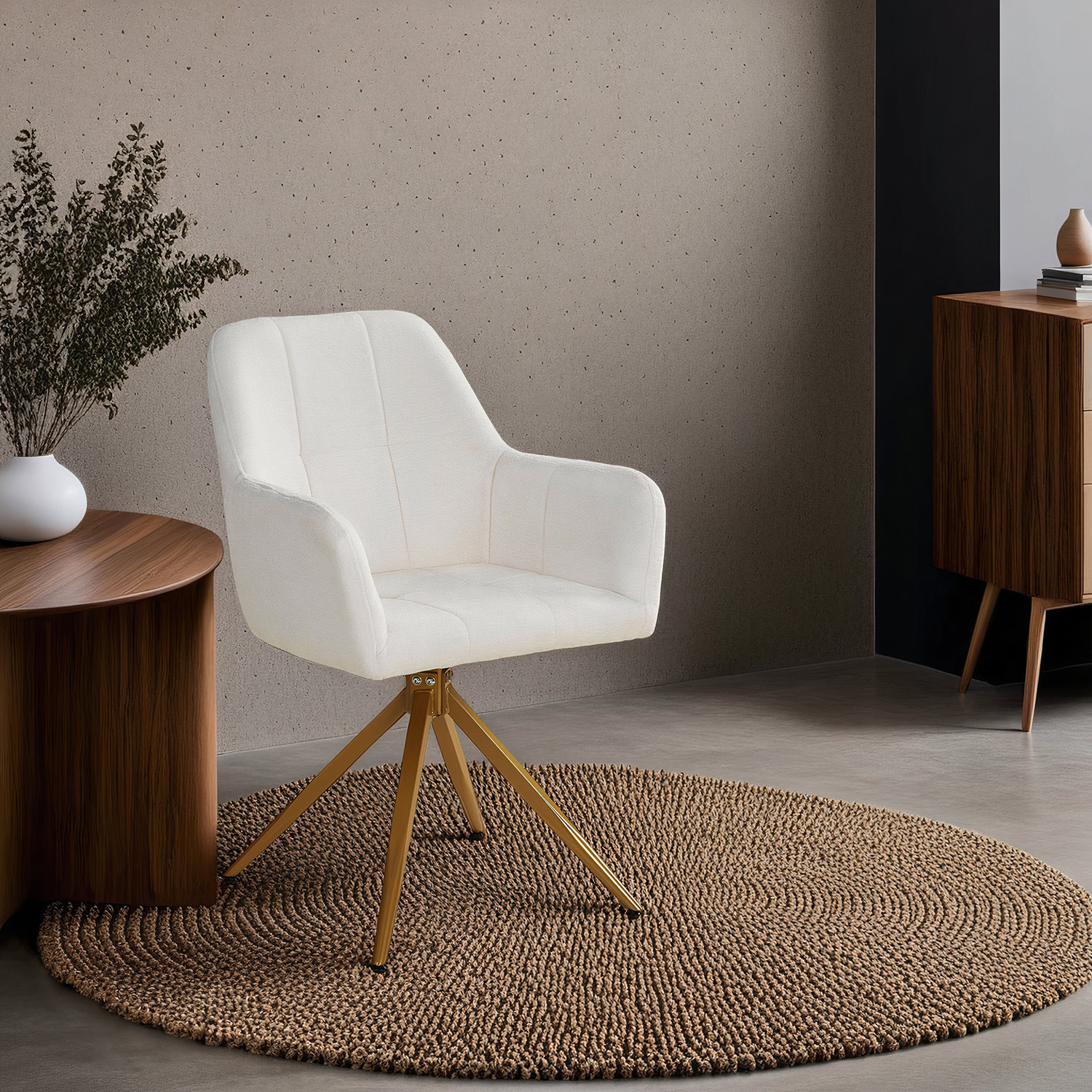 Modern Dining Table Wood Oak 160x90 cm with 4 Beige Bouclé Chairs Dining Room Table Natural Wooden Table