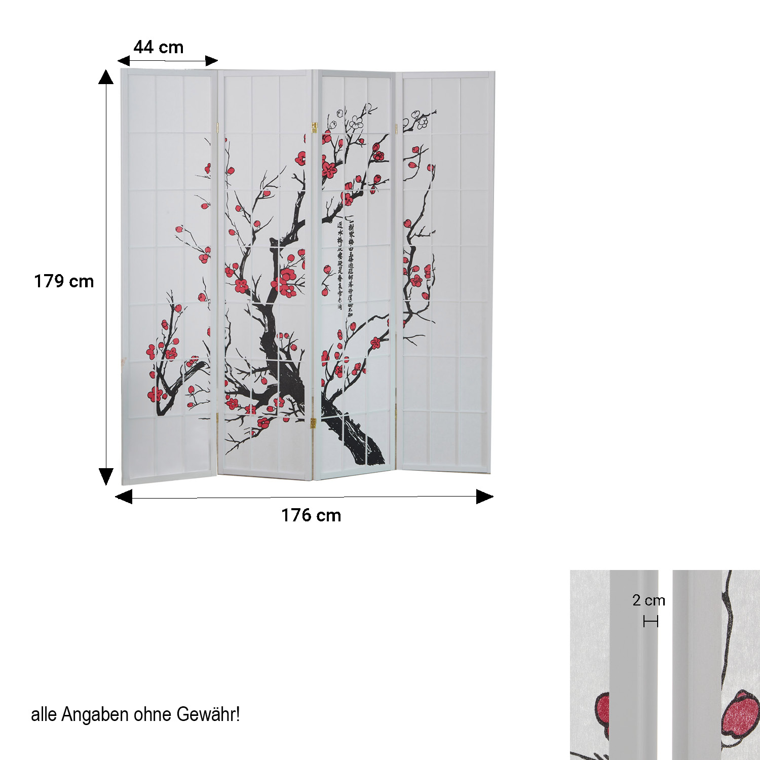 Paravent White Cherry Pattern | Rice Paper White | 4-panel | Wood | Room Divider Partition Privacy Screen
