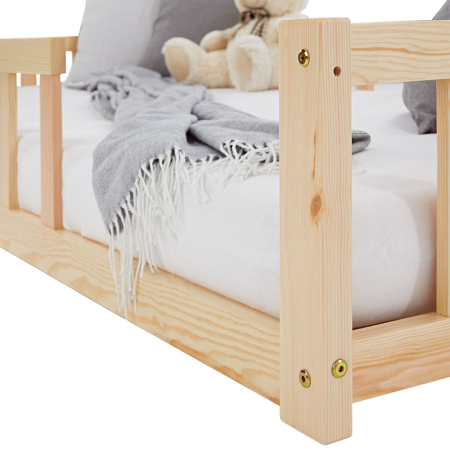 Children's Bed 90x200 Natural | Floor Bed with Slatted Frame | with Fall Protection | Montessori