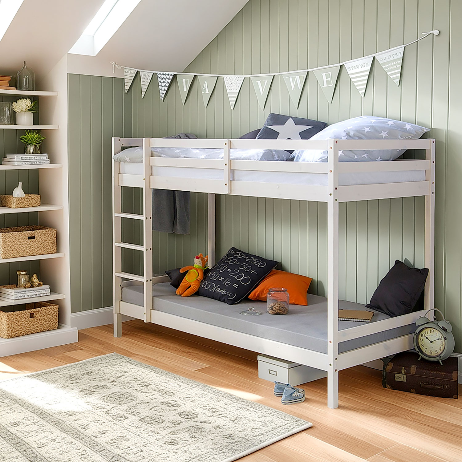 Bunk bed with 2 matresses Children bed 90x200 cm wooden Kids bed High sleeper White Slats