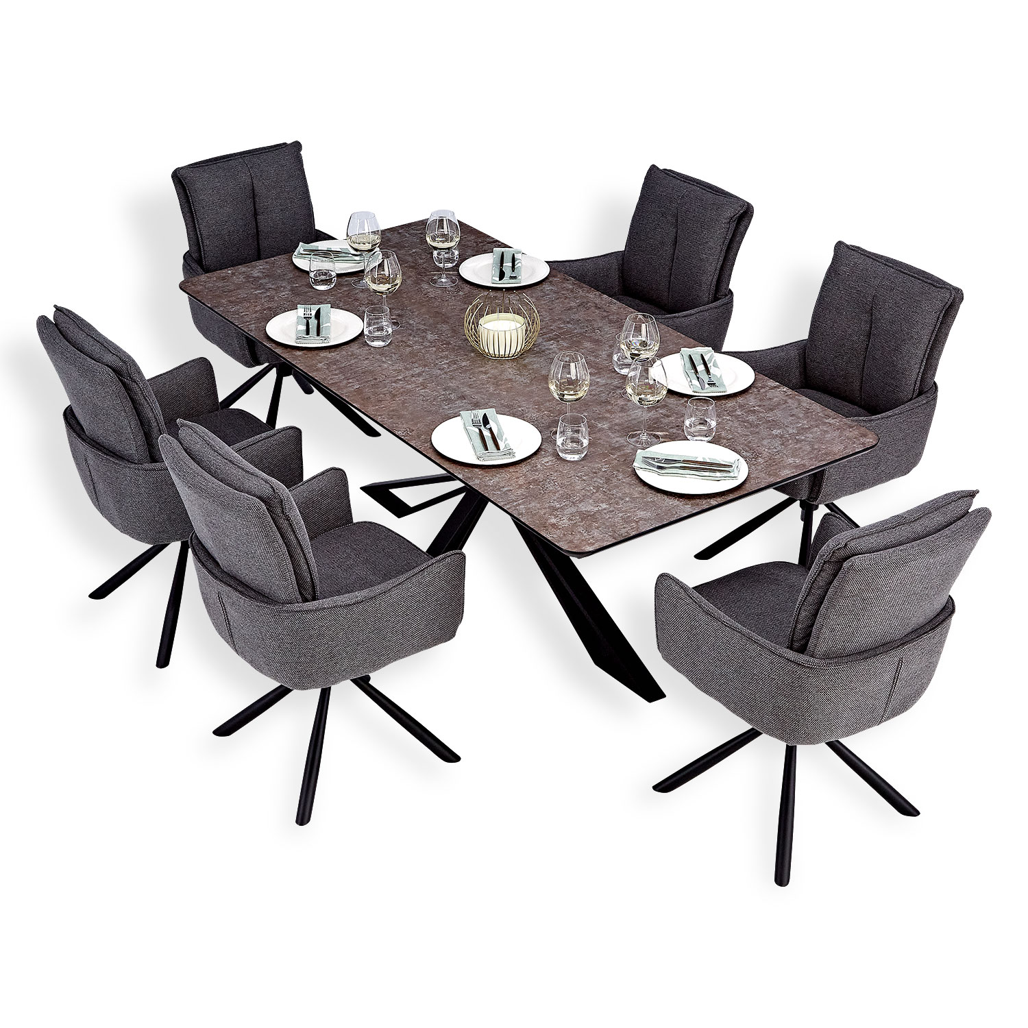 Modern Dining Table 200x100 cm Brown Black with 6 Dark Grey Fabric Chairs Dining Room Table 8 Seater Industrial Look