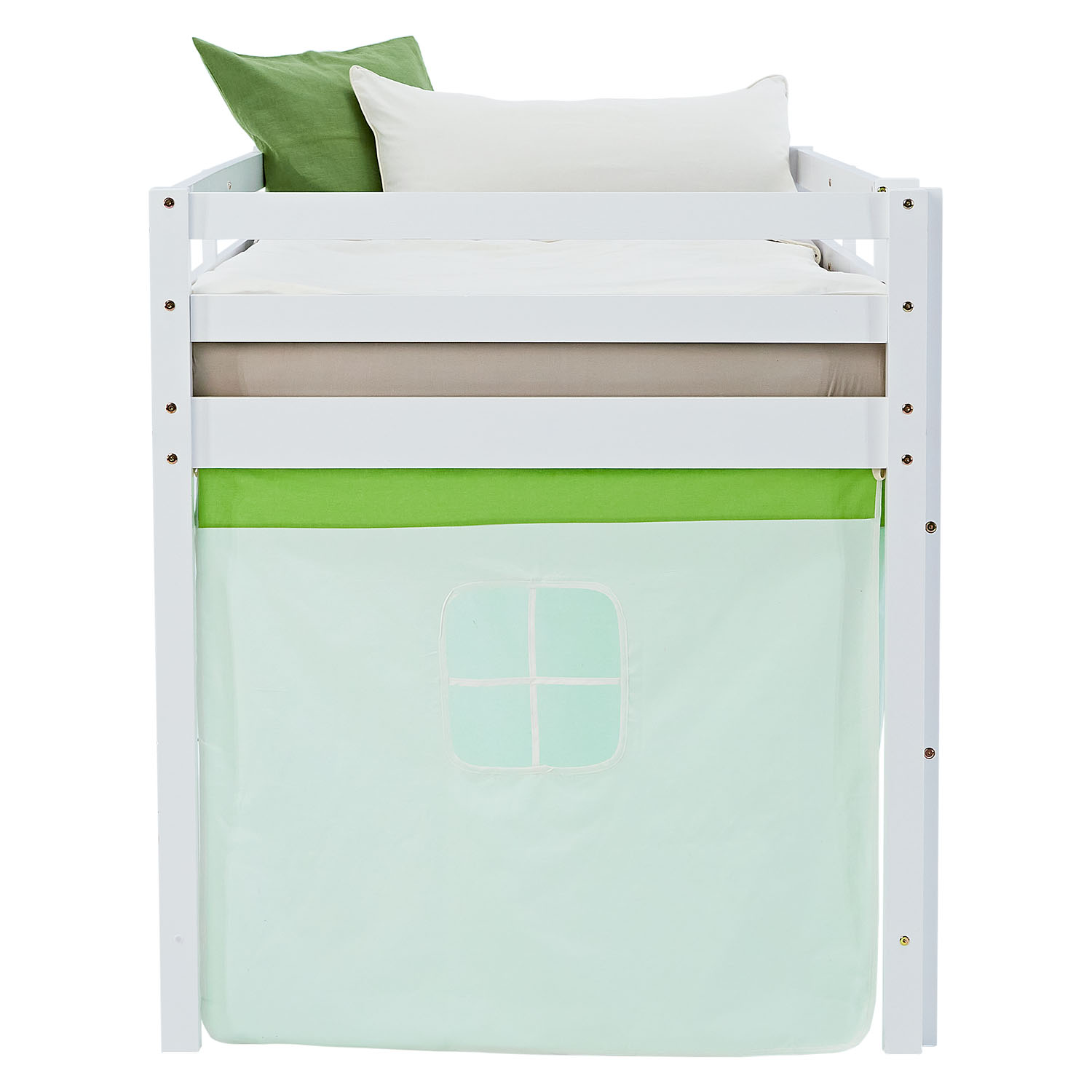 Loft Bed for Kids 90x200 cm White with Curtain in Green | with Slatted Frame and Mattress