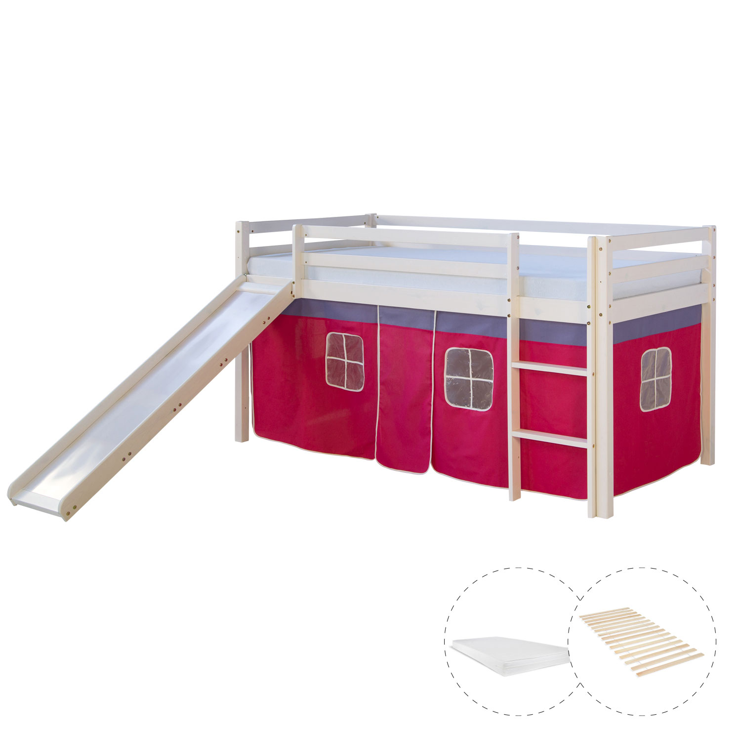 Loftbed 90x200 cm with Slide Mattress Bunk bed Childrens bed Solid Pine Wood Slats Curtain Pink Loftbed 90x200 cm with Slide Mattress Bunk bed Childrens bed Solid Pine Wood Slats Curtain Pink